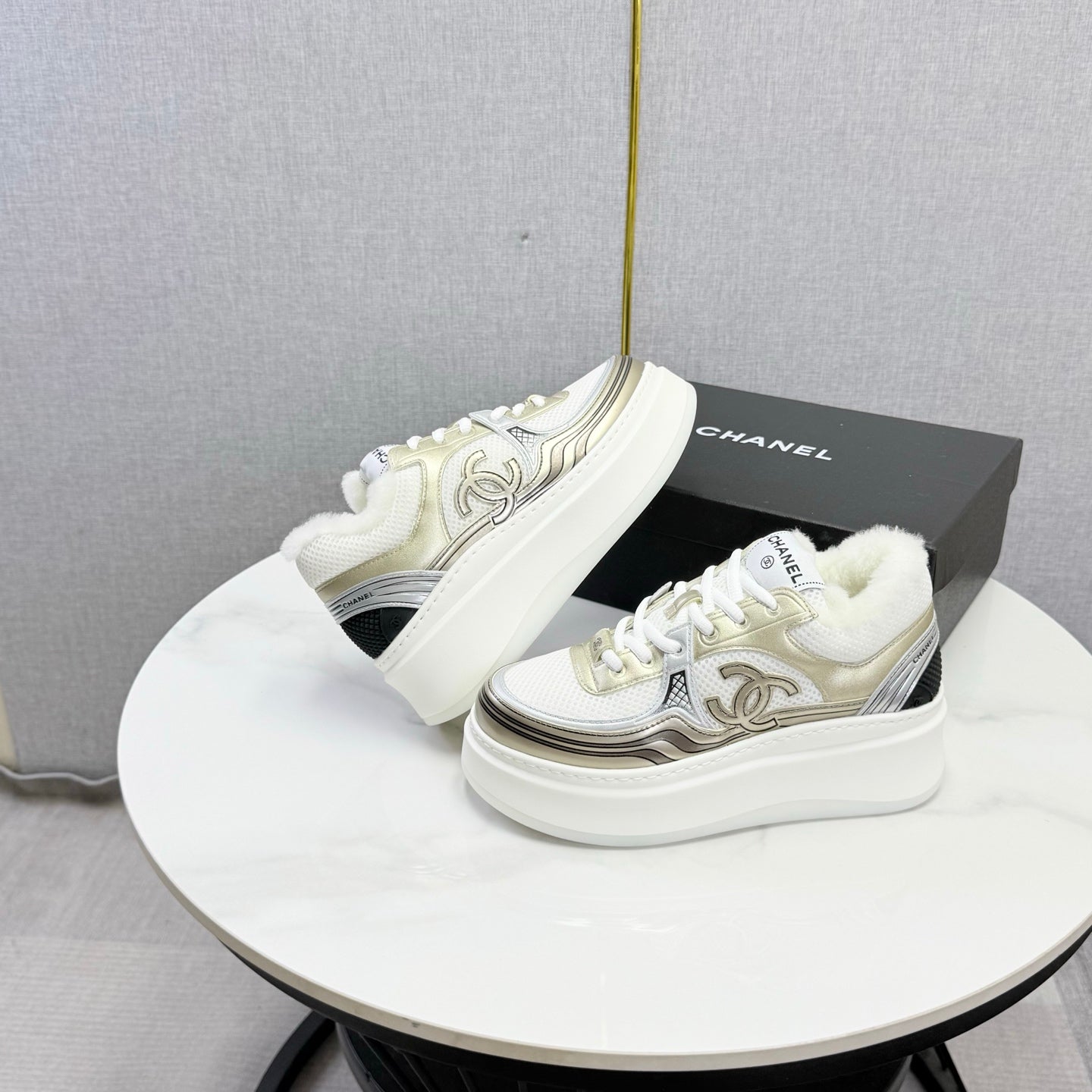 CC 26s Platform Sneakers Light Gold White Quilted Calfskin Shearling 972888