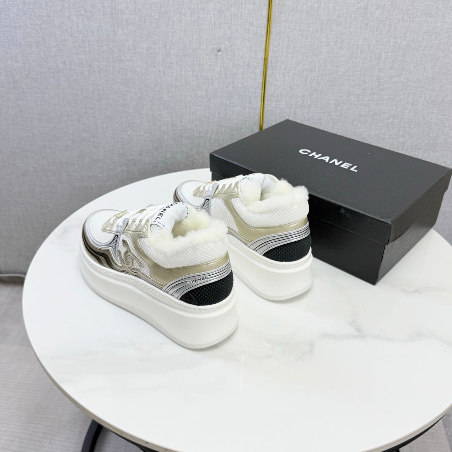 CC 26s Platform Sneakers Light Gold White Quilted Calfskin Shearling 972888