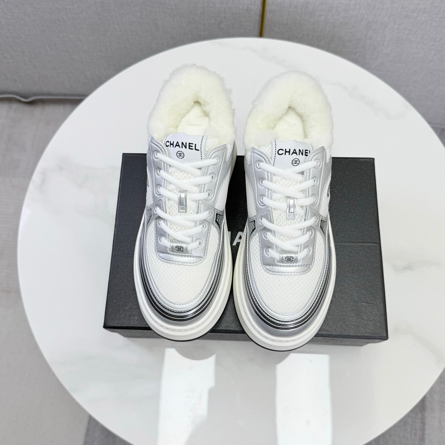 CC 26s Platform Sneakers Sliver White Quilted Calfskin Shearling 972889