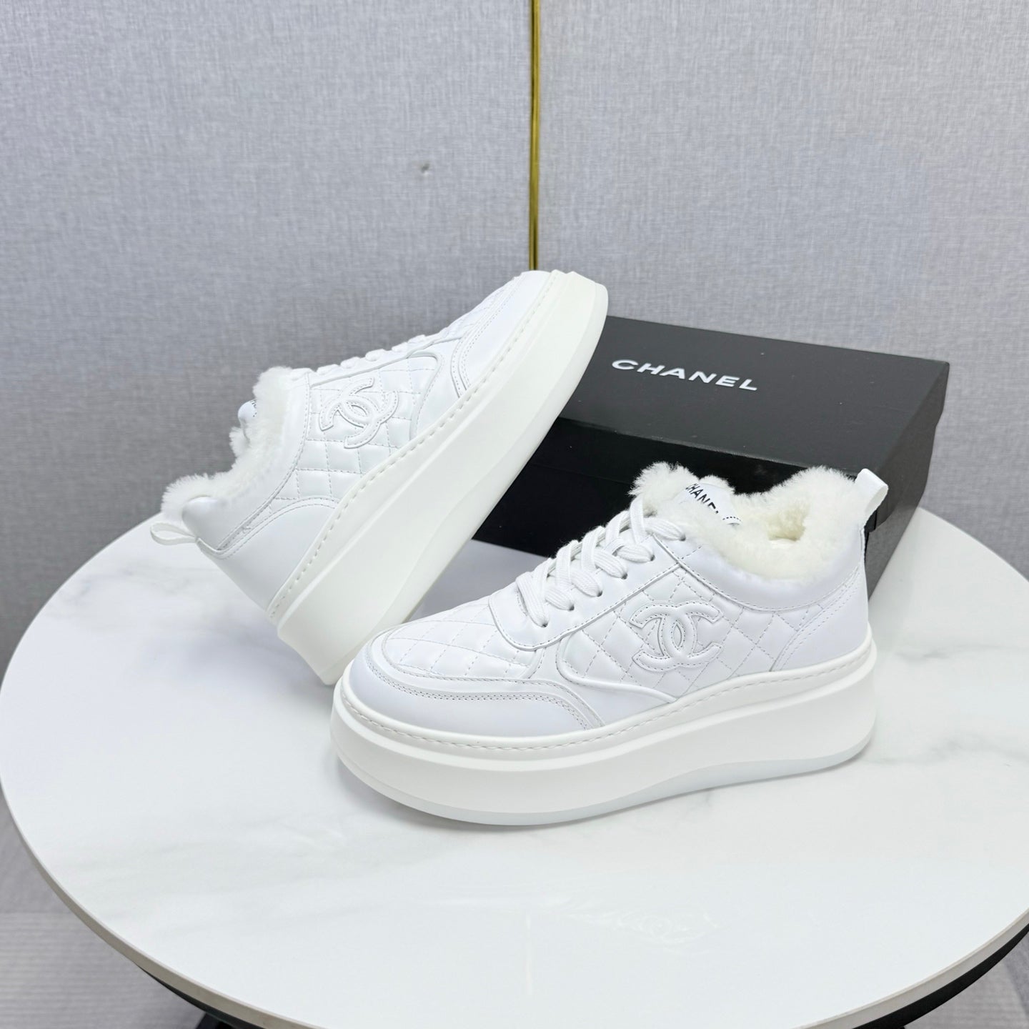 CC 26s Platform Sneakers White Quilted Calfskin Shearling 972893