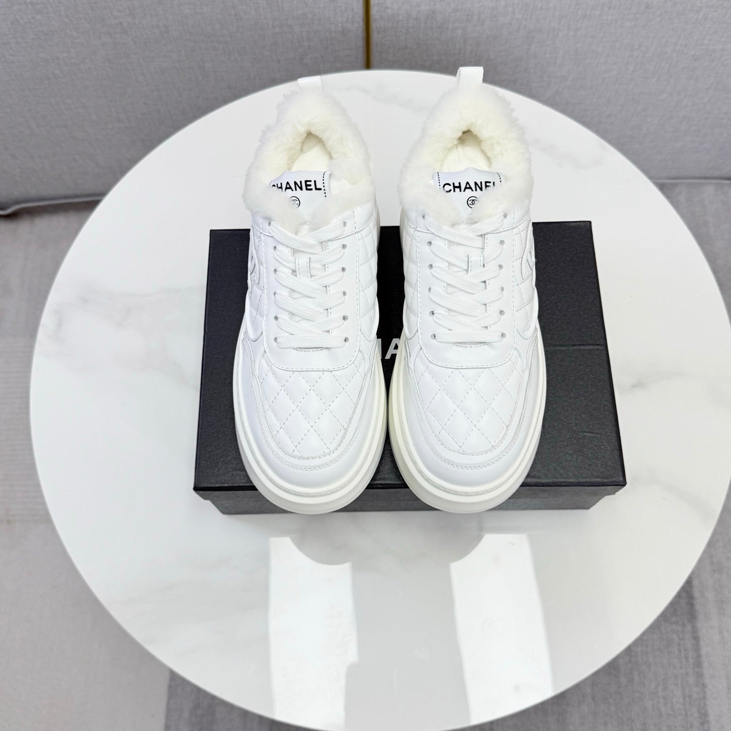 CC 26s Platform Sneakers White Quilted Calfskin Shearling 972893