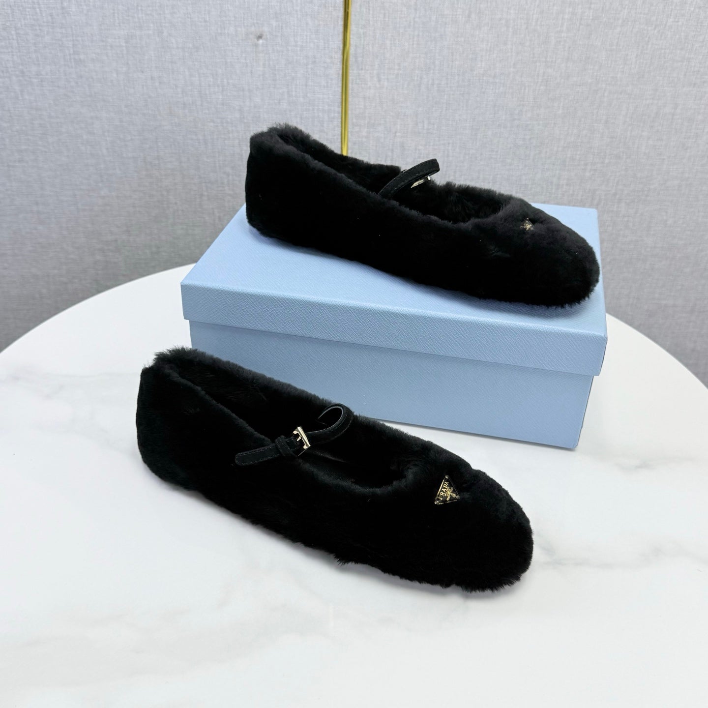 Prada 26s Ballerina Flats Strap With Buckle Black Fur 973283