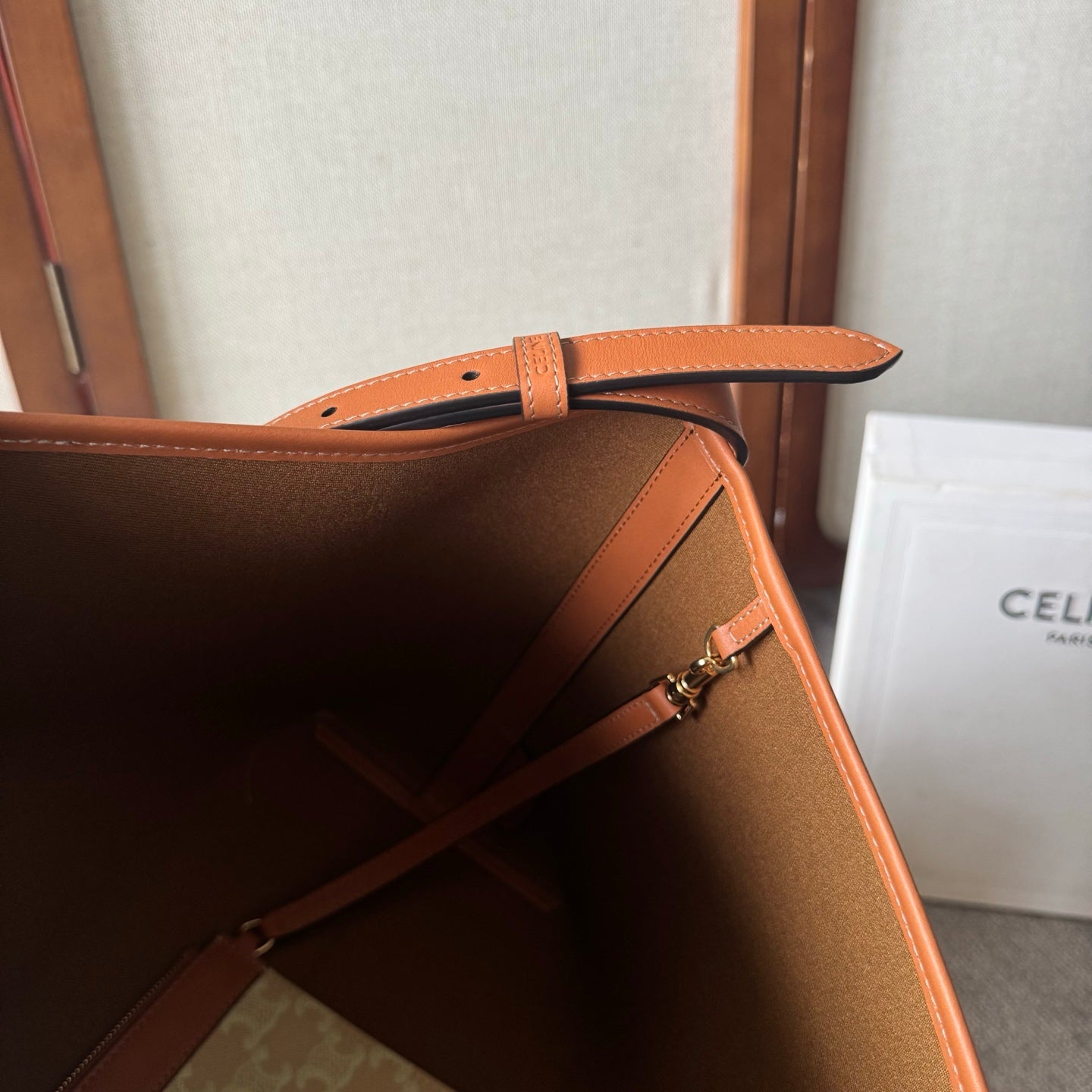 Celine Soft Shopper Bag in Triomphe Brown White Canvas and Calfskin