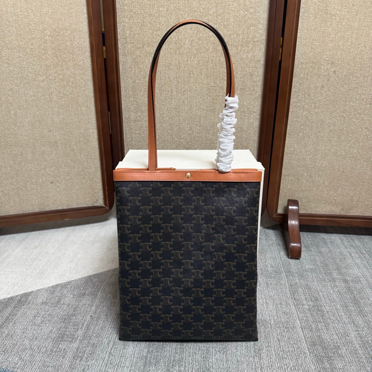 Celine Medium Flat Shopper Black Brown Triomphe Canvas Calfskin