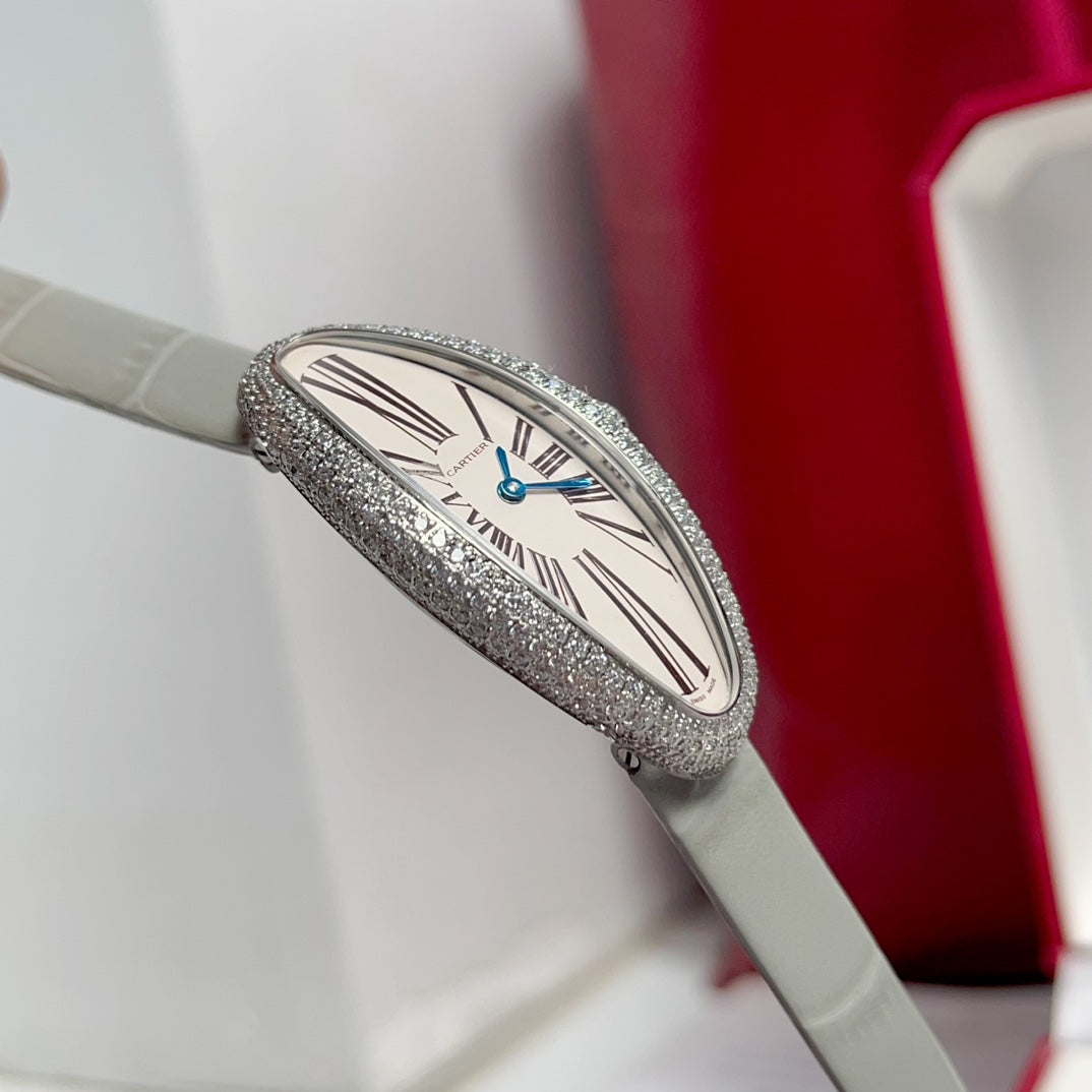 Vintage Baignoire 21mm Silver Diamond Case Grey Leather