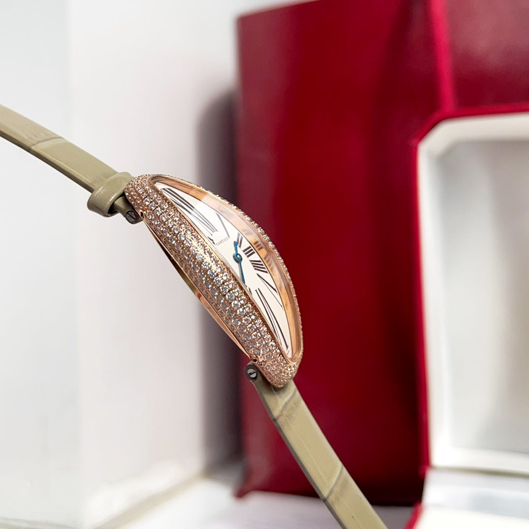 Vintage Baignoire 21mm Pink Gold Diamond Case Khaki Leather