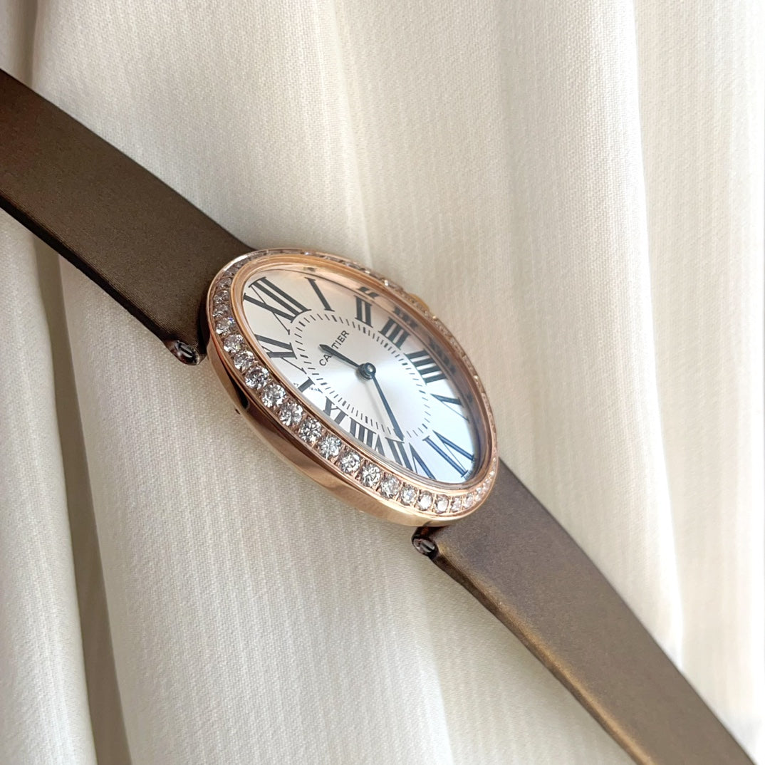 Baignoire 28mm Pink Gold Diamond Case Black Silk Leather