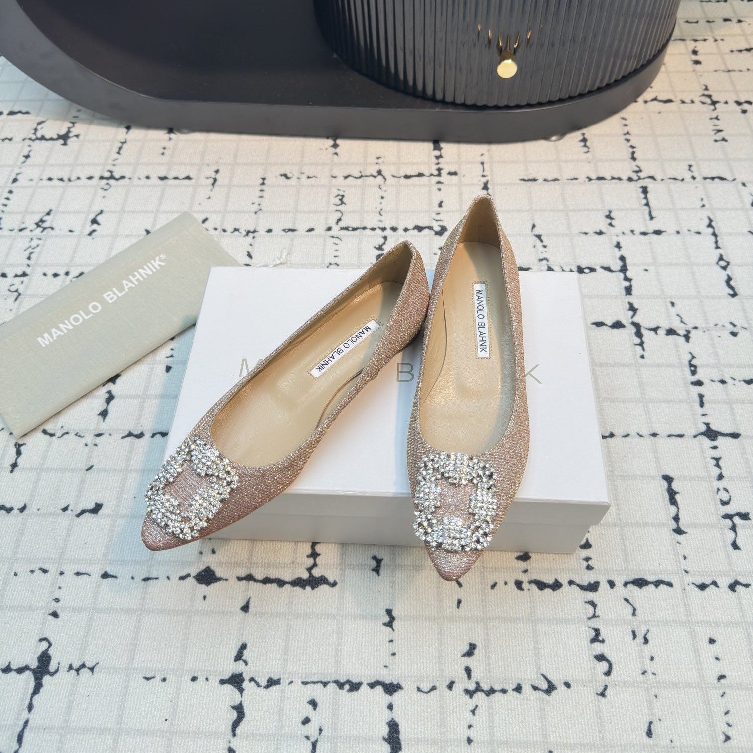 Hangisi 20 Ballet Flat Beige Glitter Fabric Leather Jewel Buckle 912605