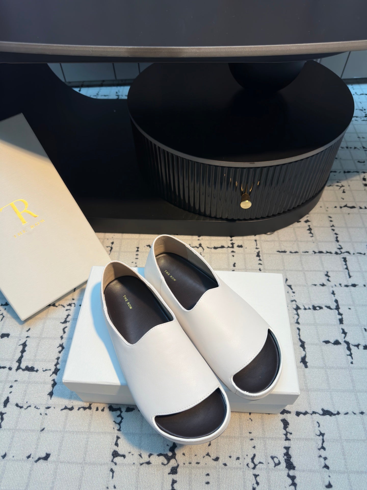 The Row Slide Mules White Black Sheepskin 334355