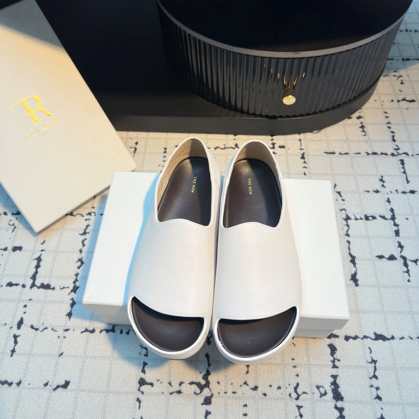 The Row Slide Mules White Black Sheepskin 334355