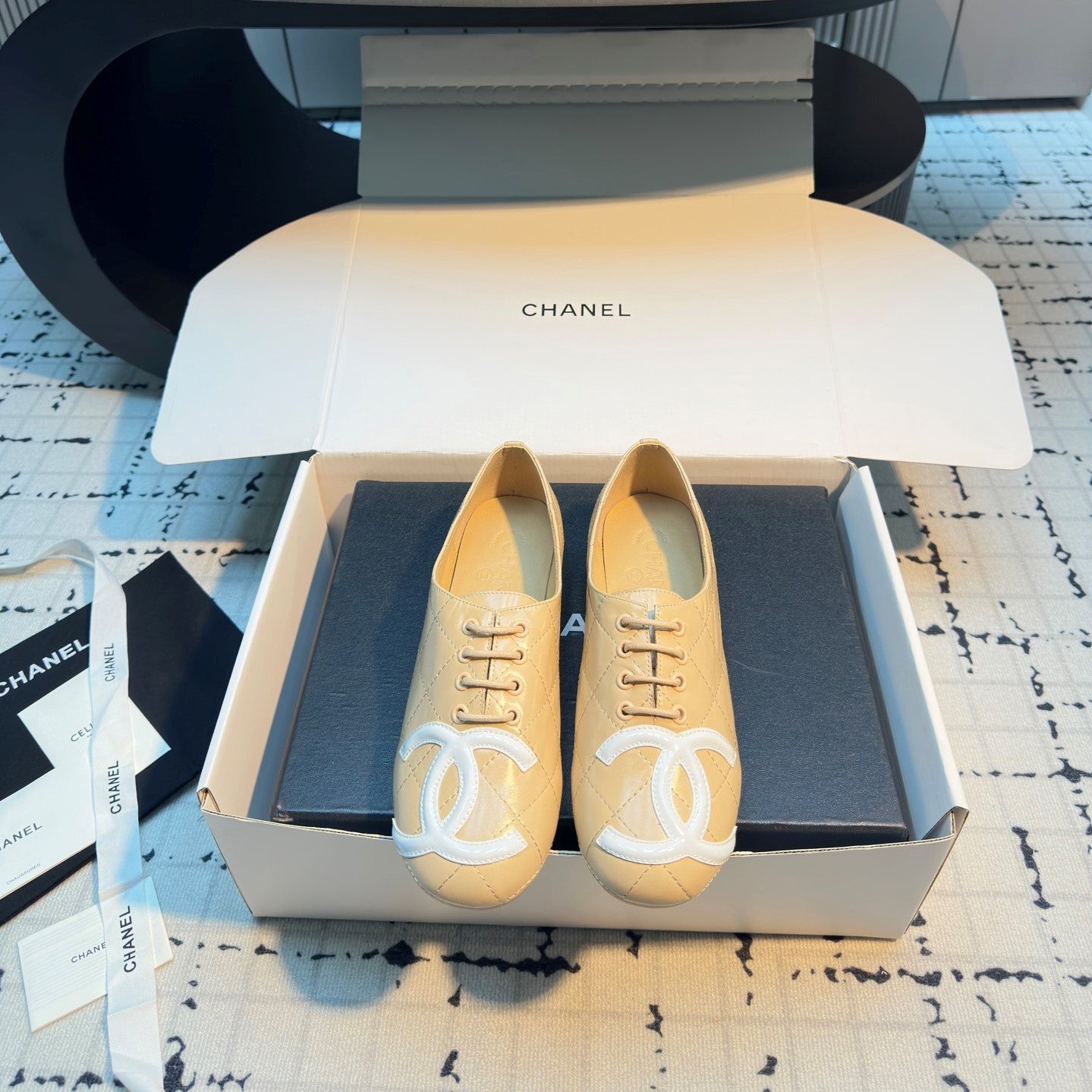 CC Cambon Ballet Shoes Beige White Cowhide 538144