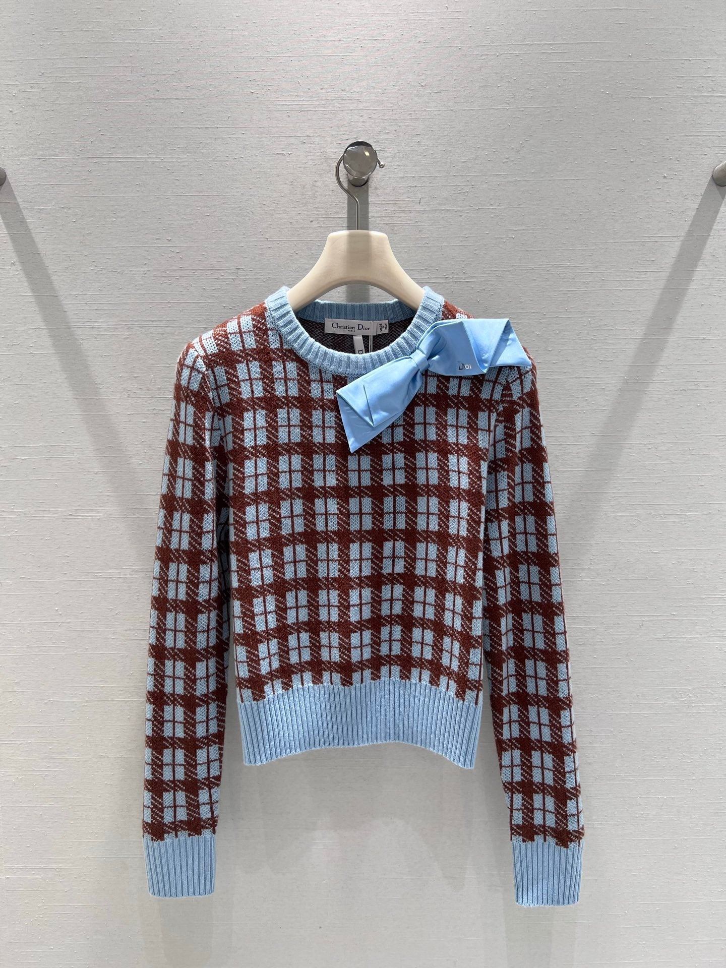 CD Retro Plaid Bow Sweater Brown Light Blue Wool 343978
