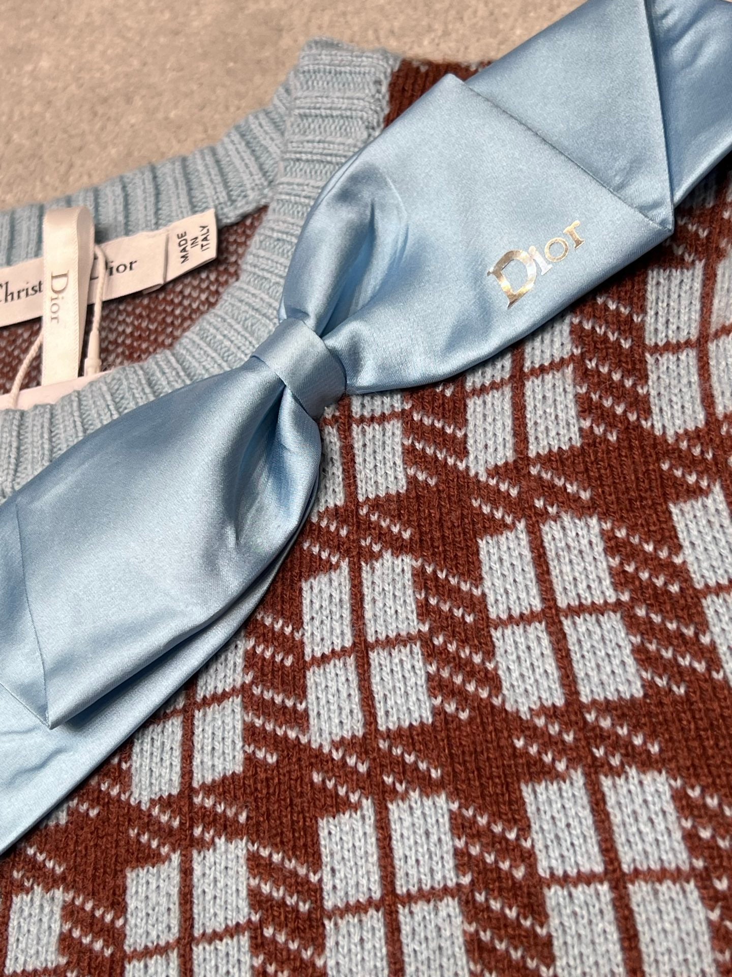 CD Retro Plaid Bow Sweater Brown Light Blue Wool 343978