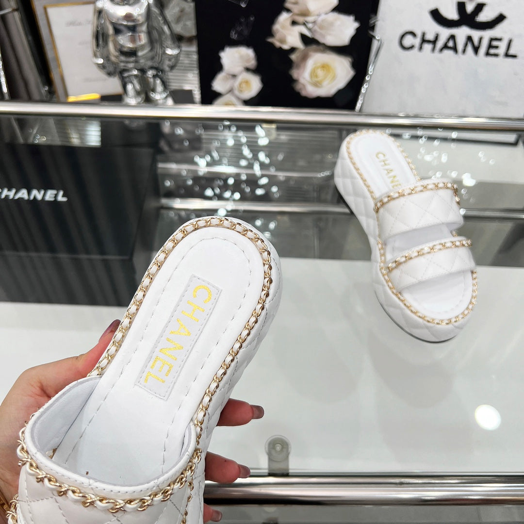 CC 25 Slide Leather Chain 6cm White Lambskin 338659