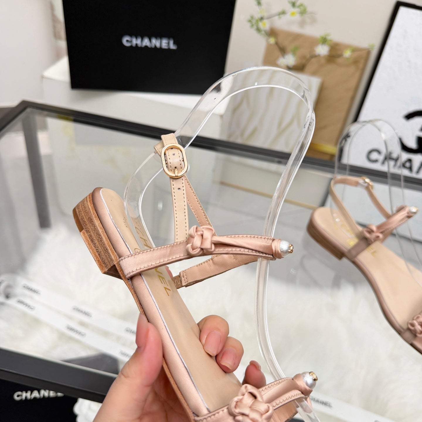 CC 2026 Pearl Sandal Beige Satin Leather 692021