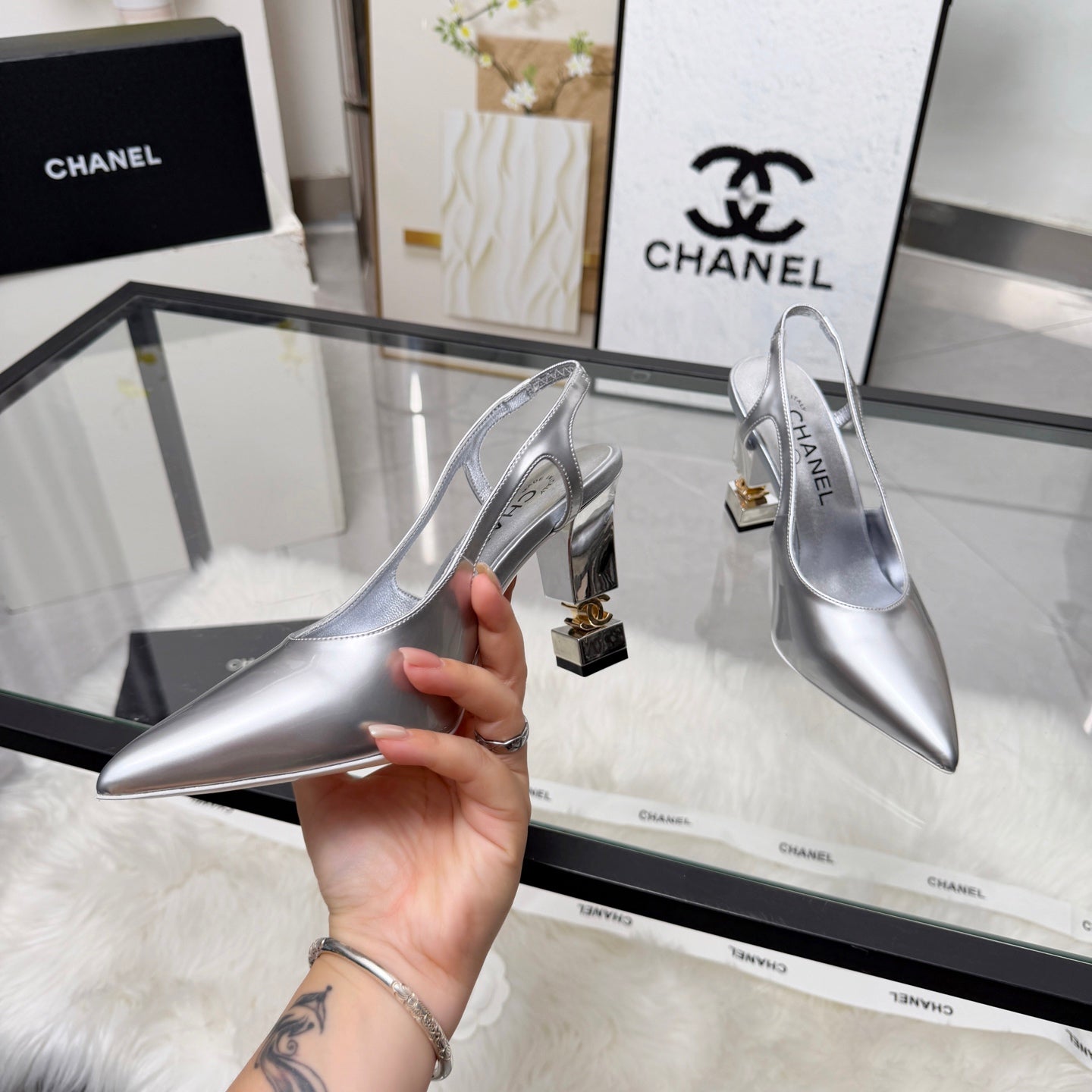 CC 26s Slingback 9cm Sliver Patent Leather 872873