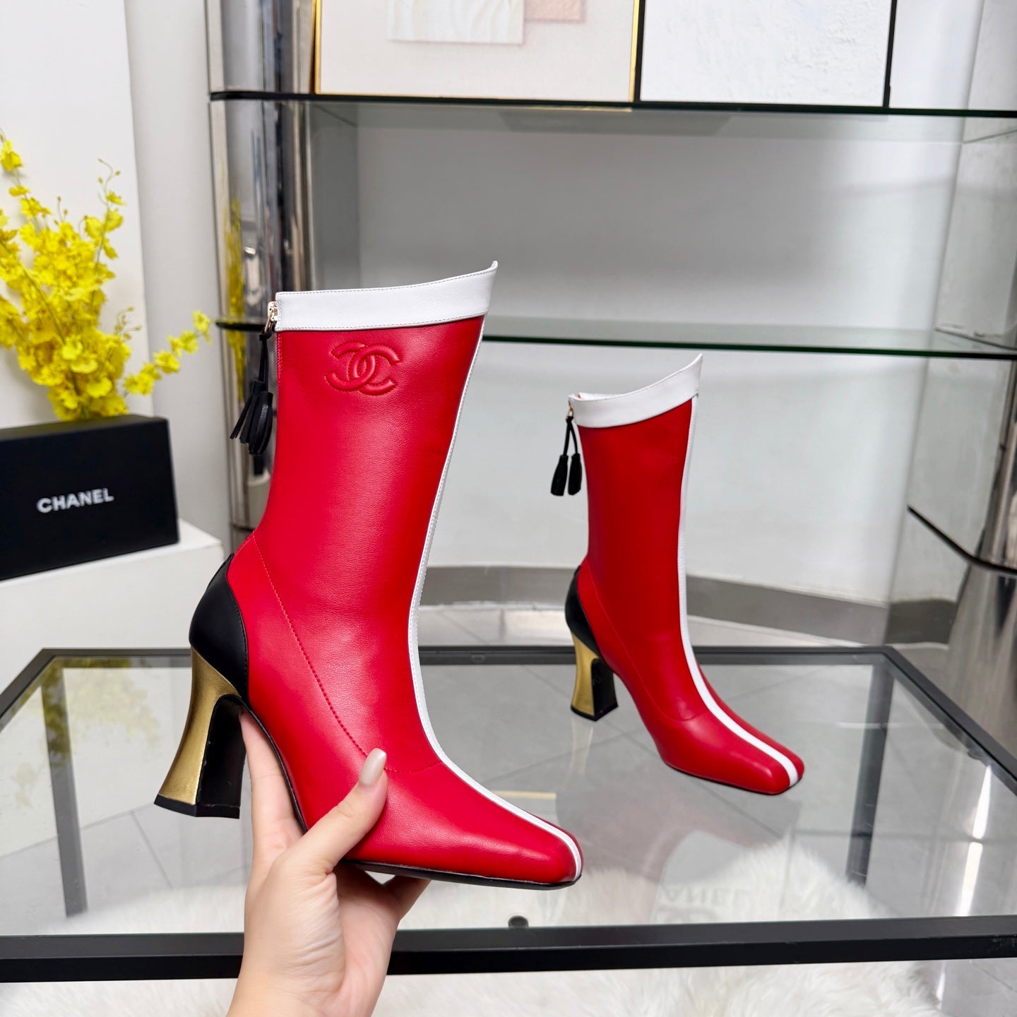 CC 26 FW Ankle Boots 8.5cm Red White Sheepskin 919942