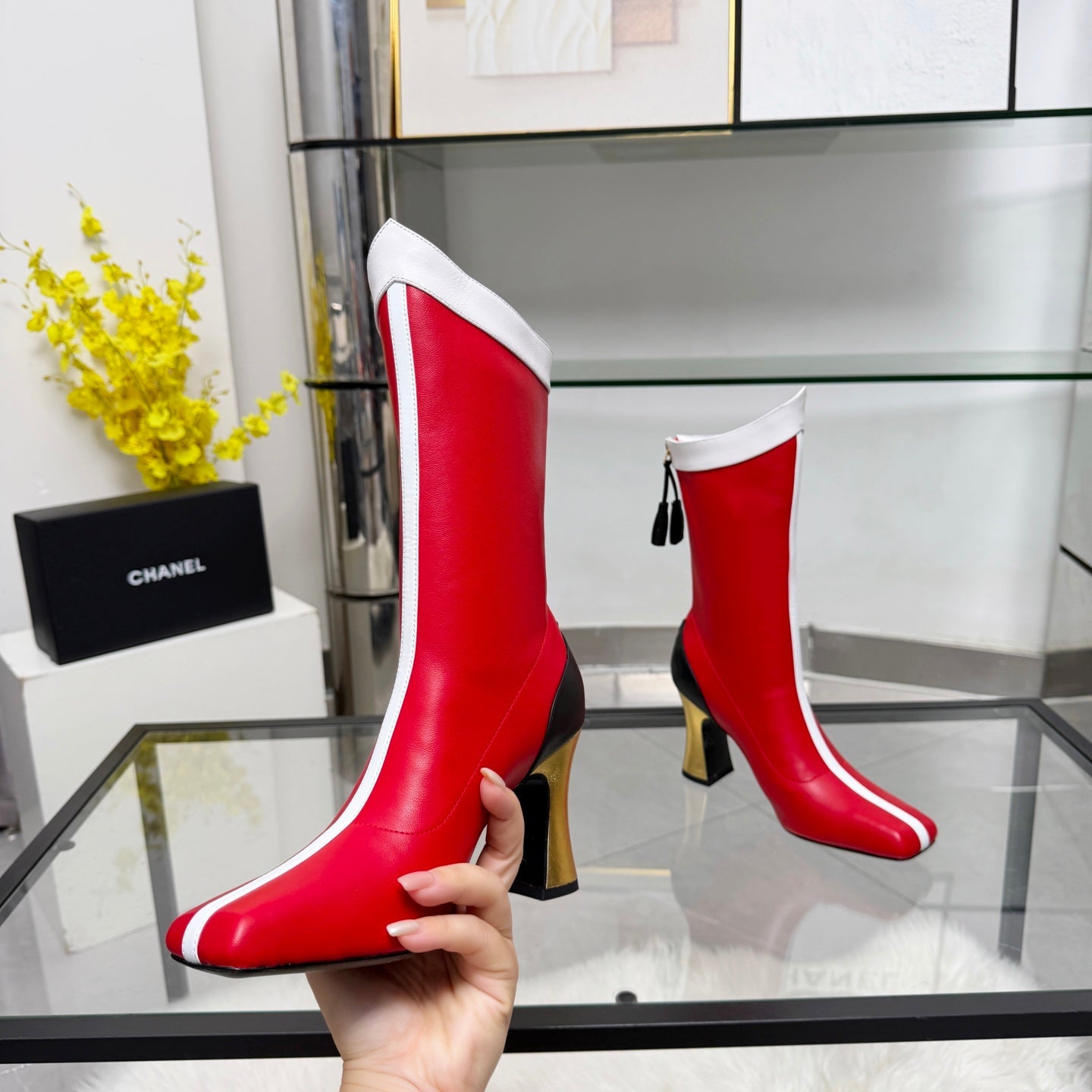 CC 26 FW Ankle Boots 8.5cm Red White Sheepskin 919942