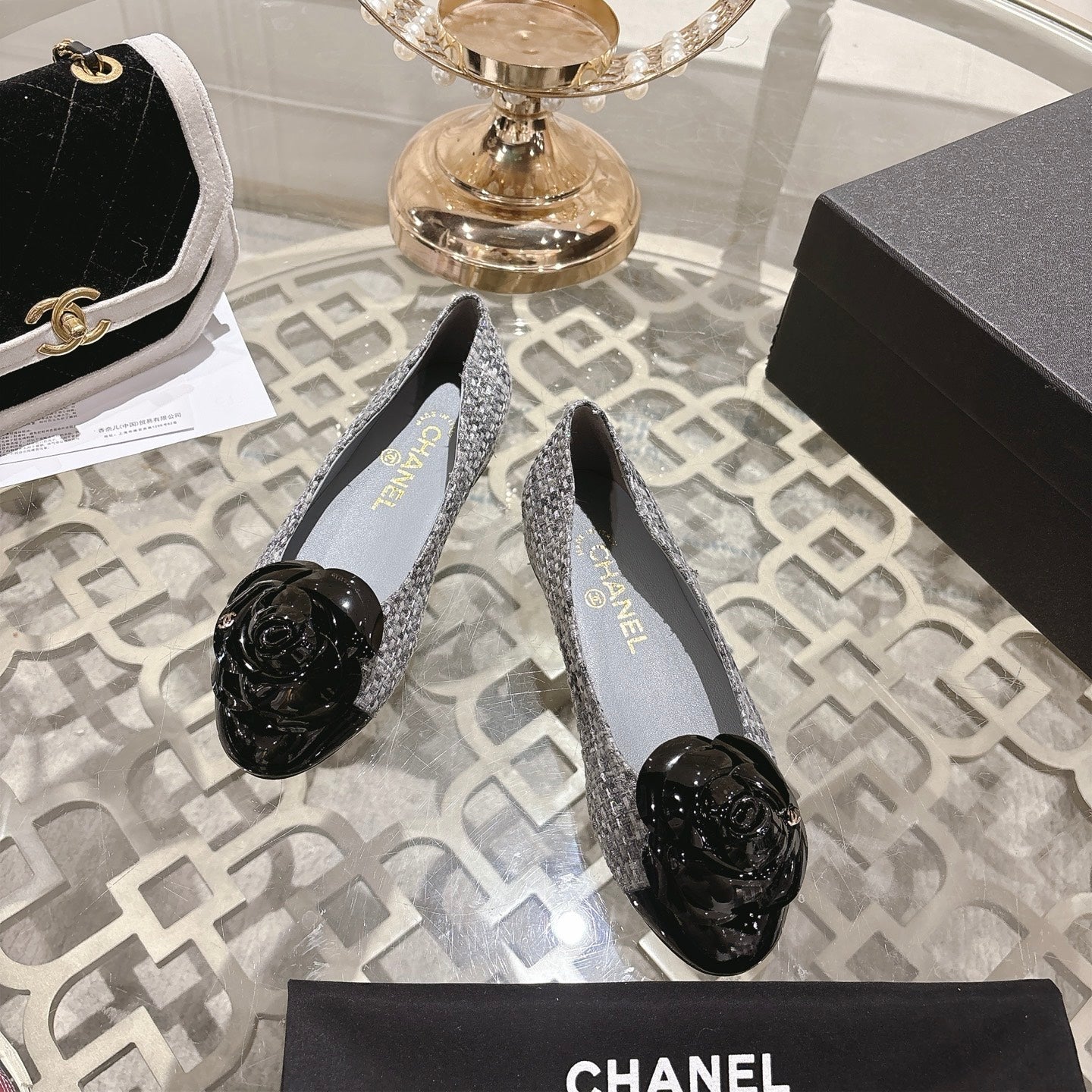 CC 26s Camellia Ballet Flat Grey Leather Tweed 736495