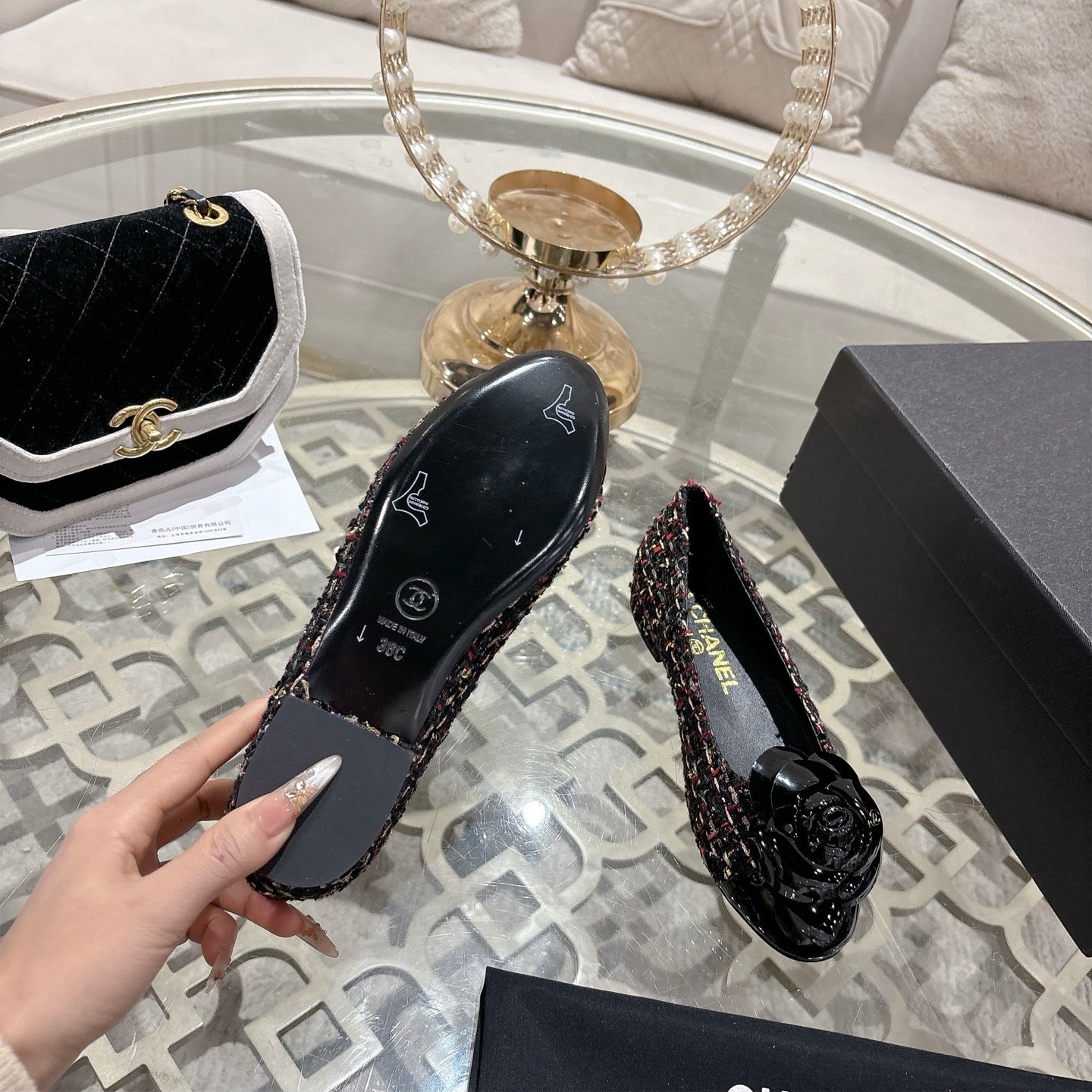 CC 26s Camellia Ballet Flat Black Colorful Leather Tweed 736498