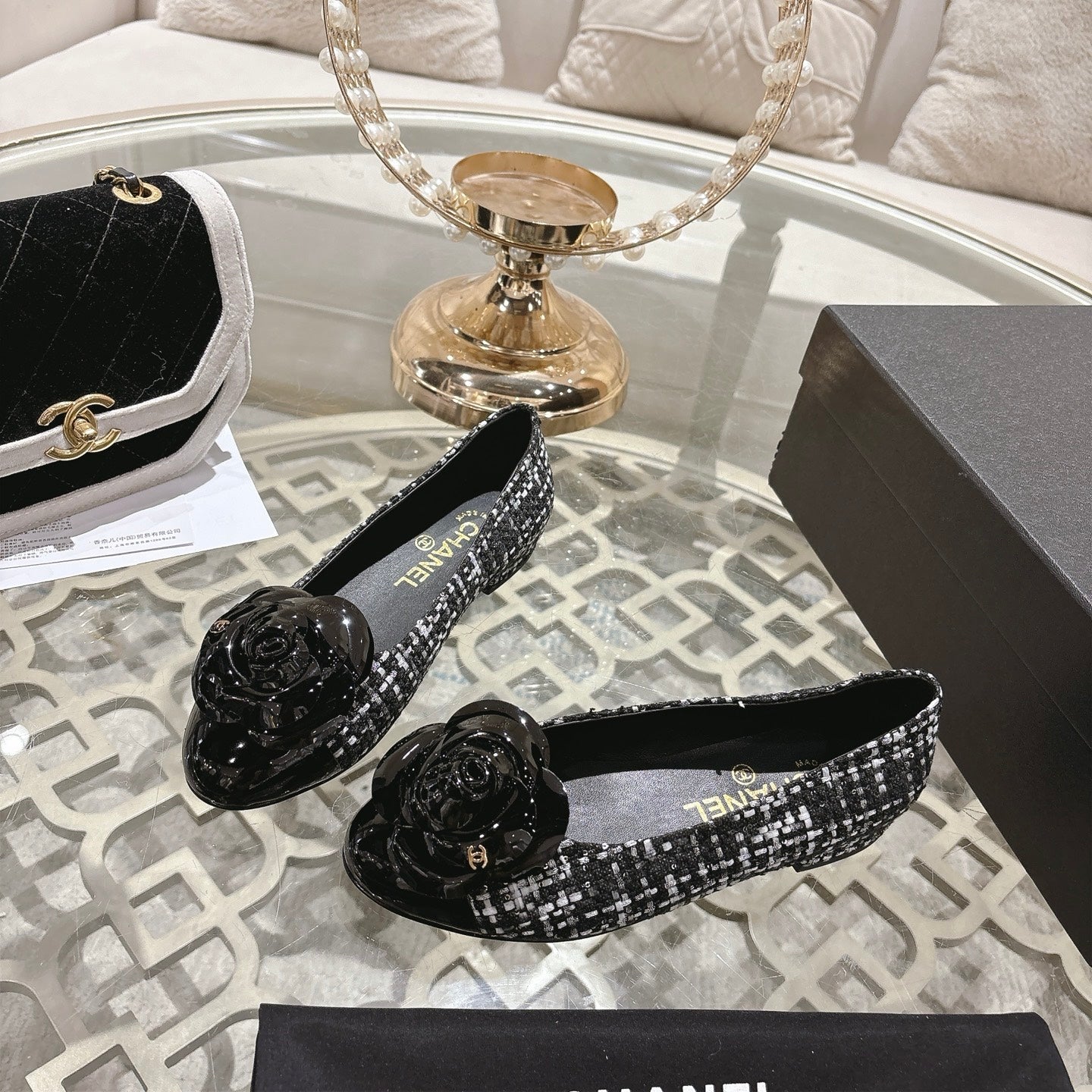CC 26s Camellia Ballet Flat Black Leather Tweed 736499