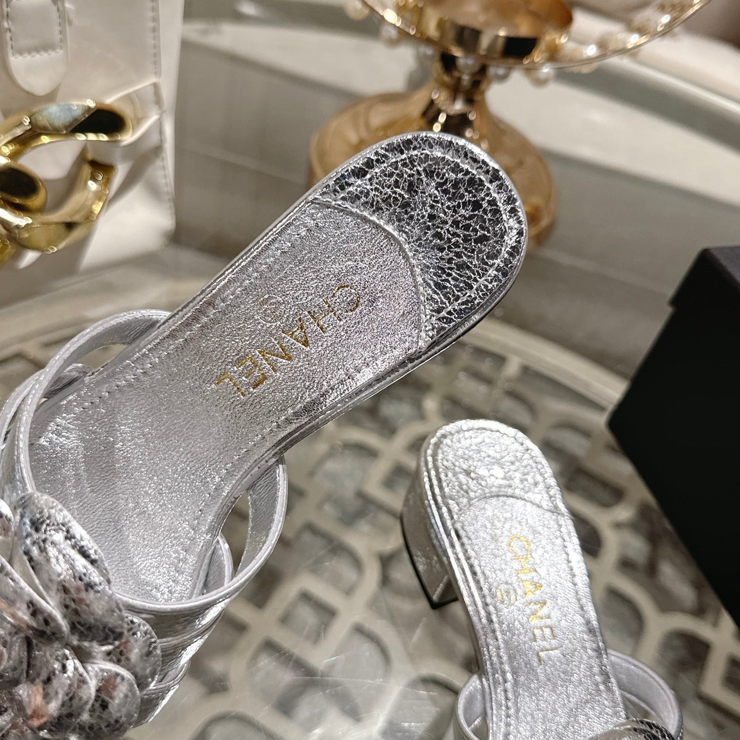 CC 26s Double-C Camellia Slippers Sliver Sheepskin 736388