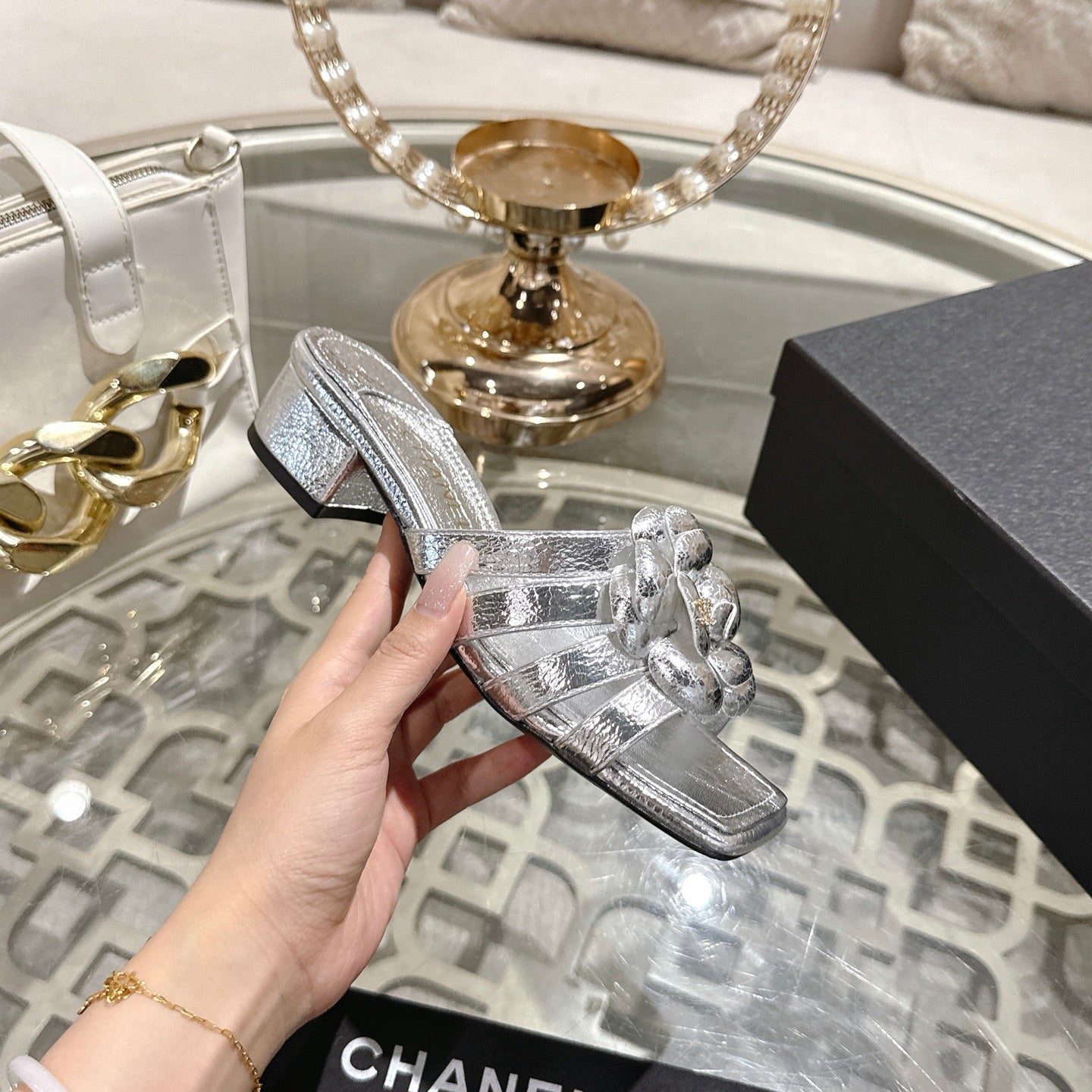 CC 26s Double-C Camellia Slippers Sliver Sheepskin 736388