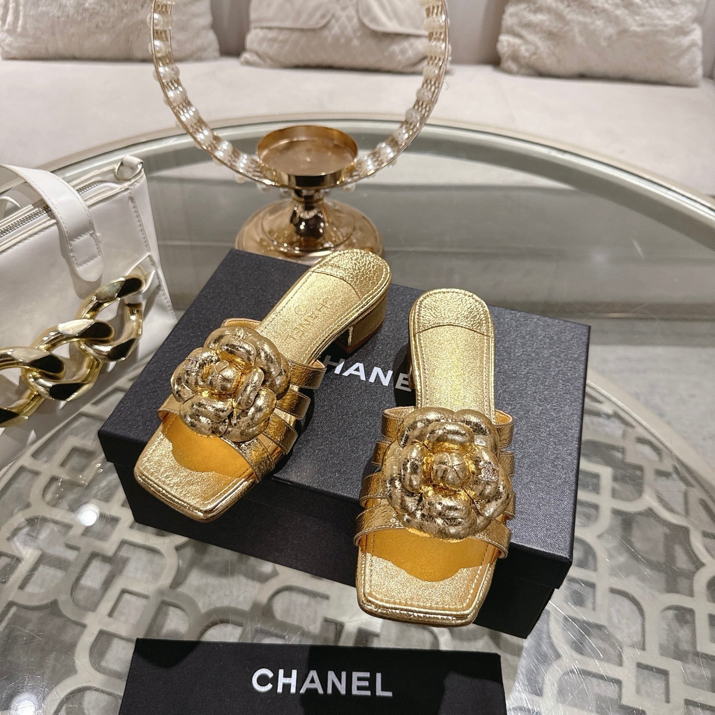 CC 26s Double-C Camellia Slippers Gold Sheepskin 736389