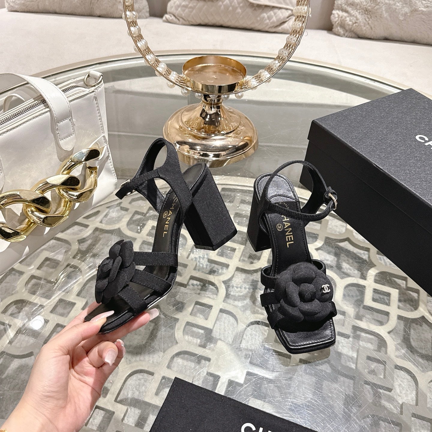 CC Camellia Flower Block Heel Sandals Black Canvas Sheepskin 735984