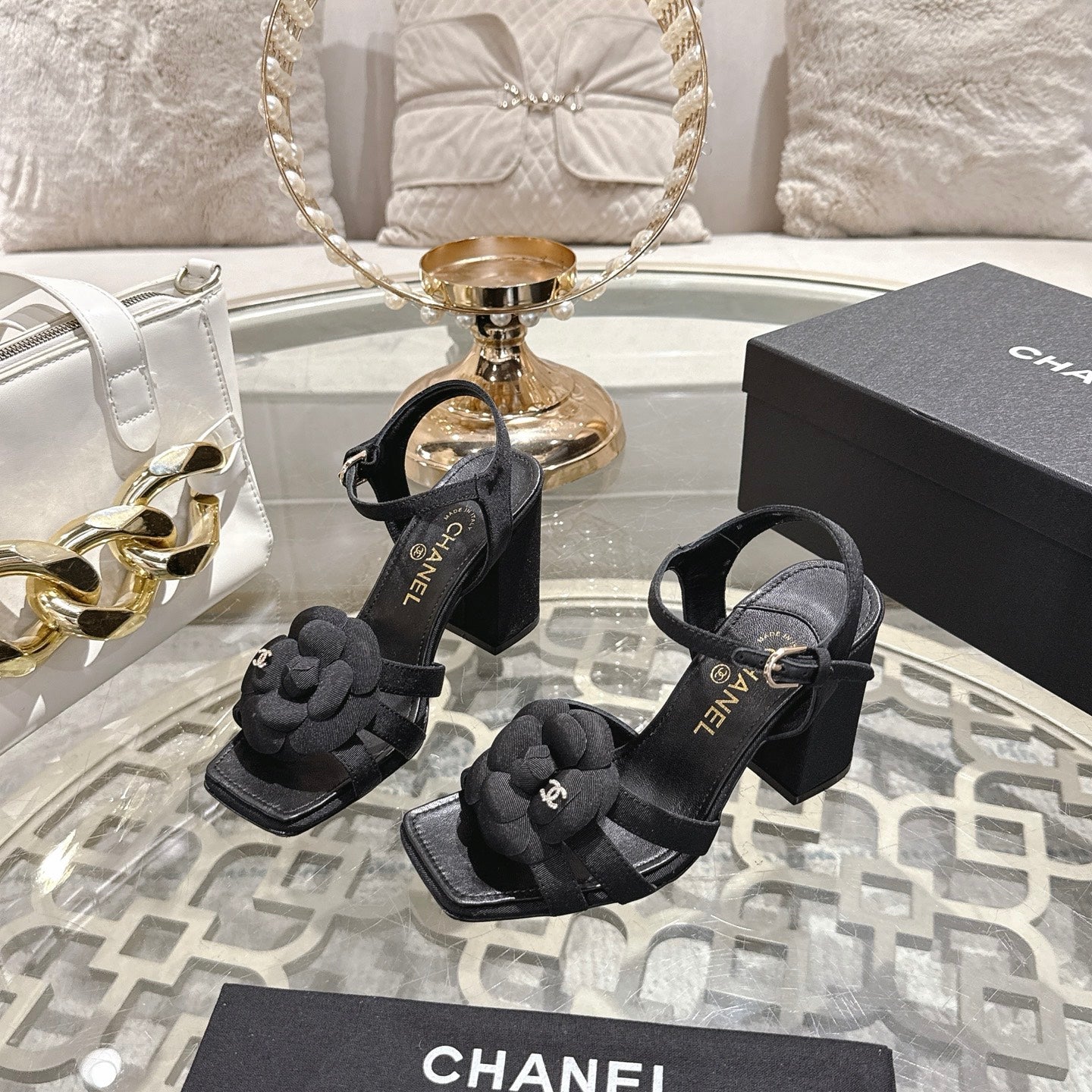 CC Camellia Flower Block Heel Sandals Black Canvas Sheepskin 735984