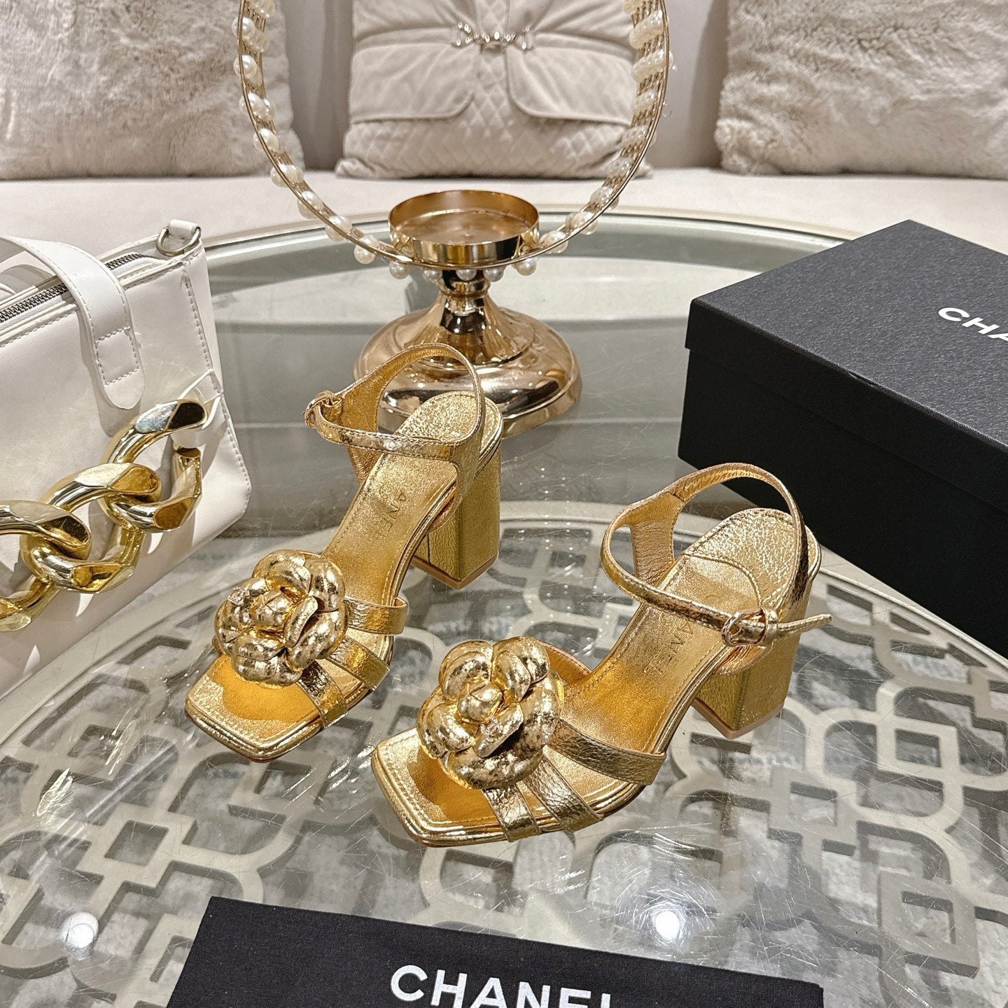 CC Camellia Flower Block Heel Sandals Gold Sheepskin 735985