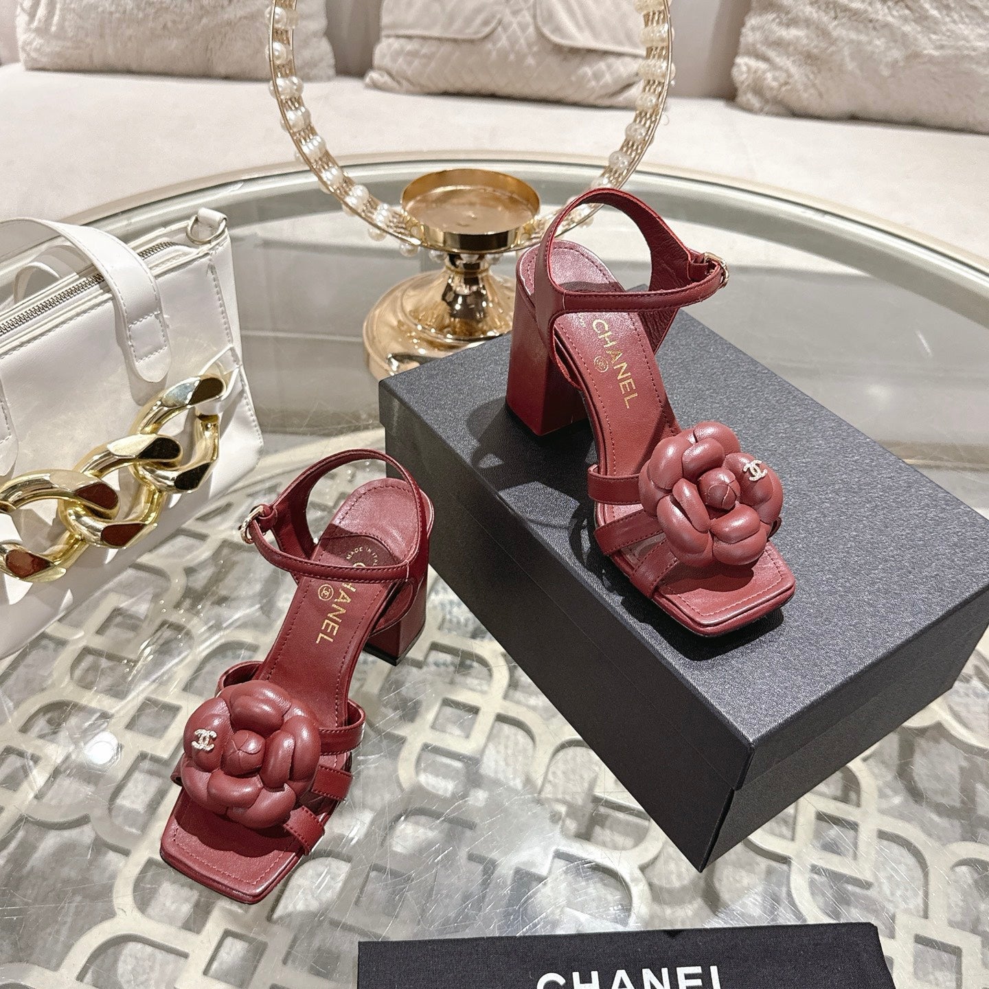 CC Camellia Flower Block Heel Sandals Burgundy Sheepskin 735988