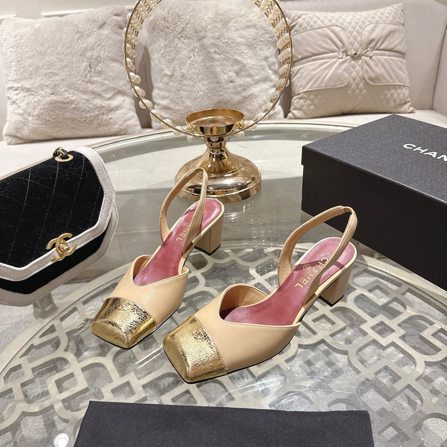 CC 26s Square-Toe High-Heeled Slingbacks 6cm Gold Beige Leather 736100