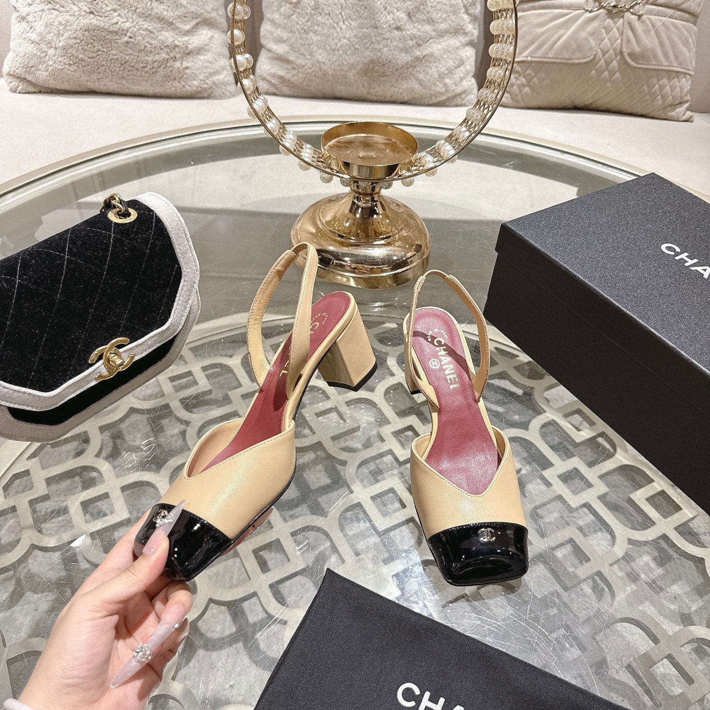 CC 26s Square-Toe High-Heeled Slingbacks 6cm Black Beige Leather 736102
