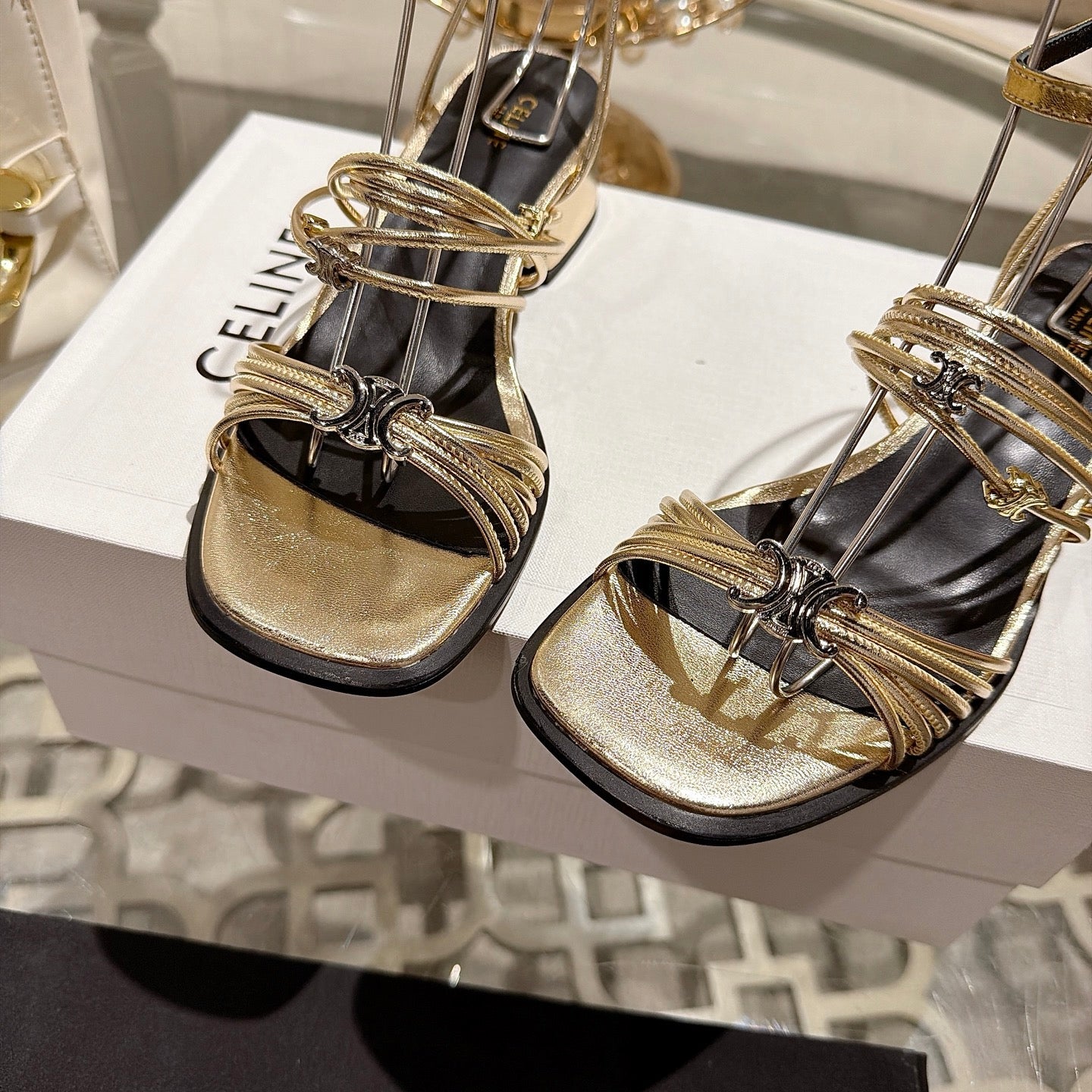 Celine Clémence Heeled Sandal 4cm Gold Sheepskin 941491