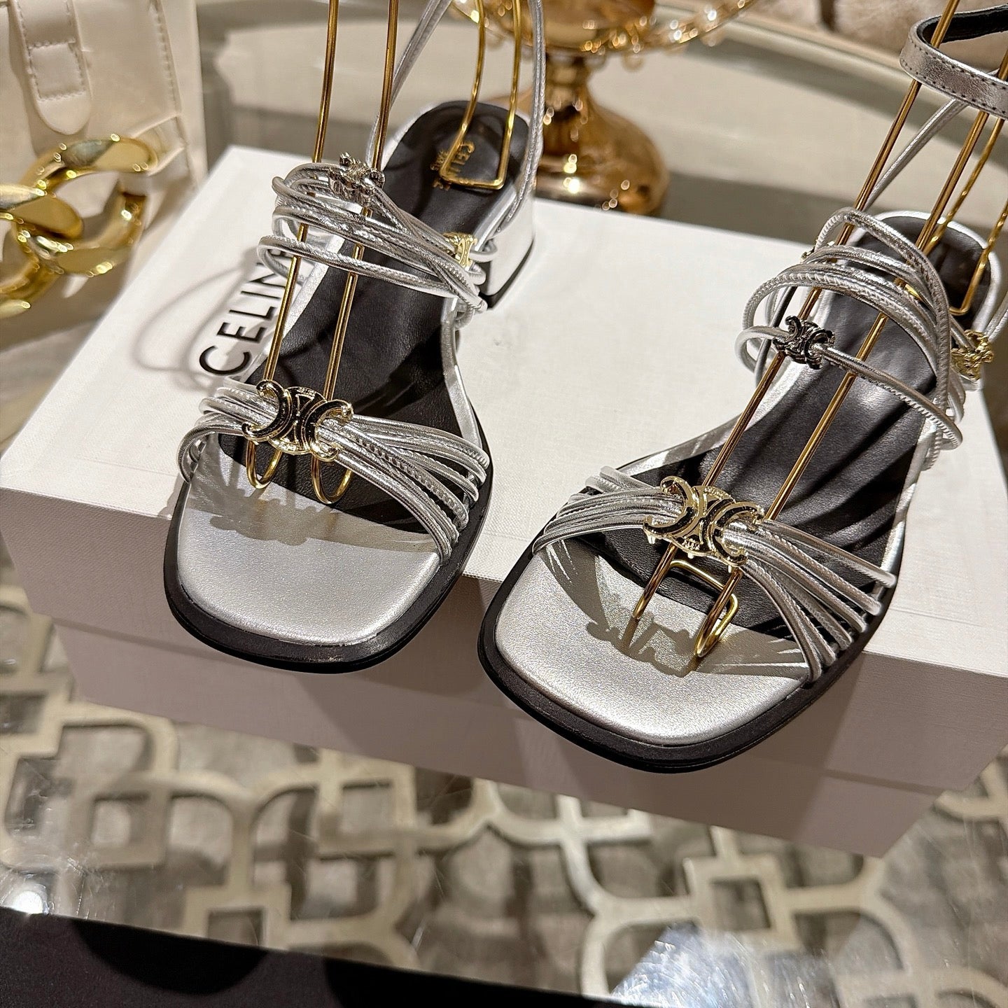 Celine Clémence Heeled Sandal 4cm Sliver Sheepskin 941492