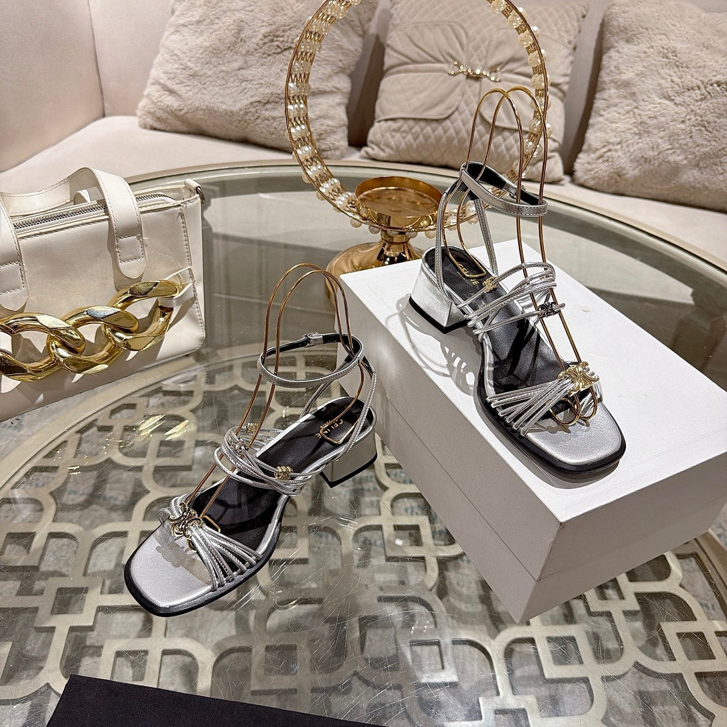 Celine Clémence Heeled Sandal 4cm Sliver Sheepskin 941492
