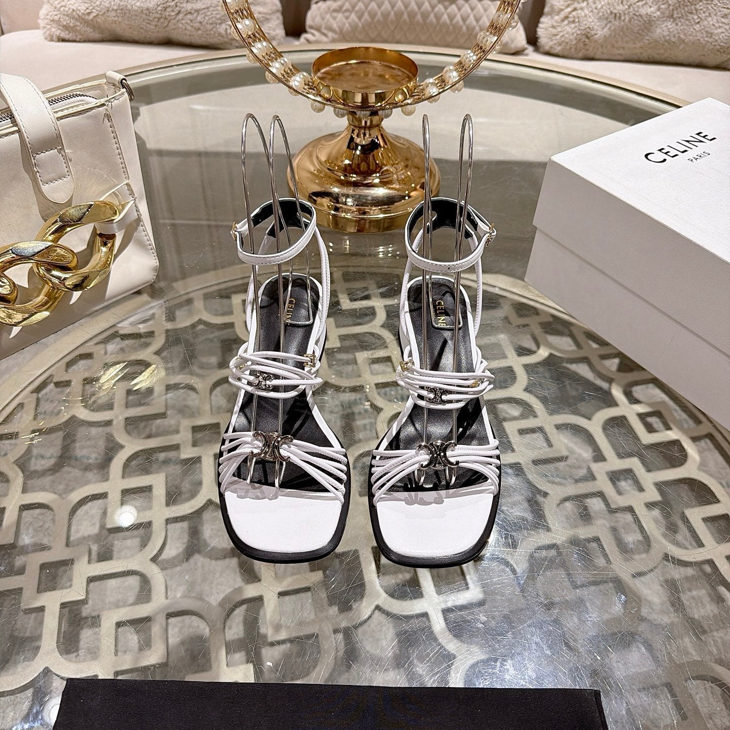 Celine Clémence Heeled Sandal 4cm White Sheepskin 941493