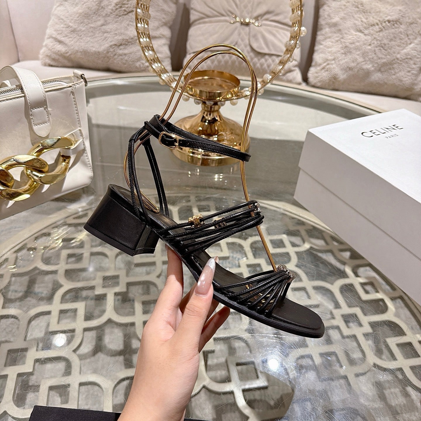Celine Clémence Heeled Sandal 4cm Black Sheepskin 941494