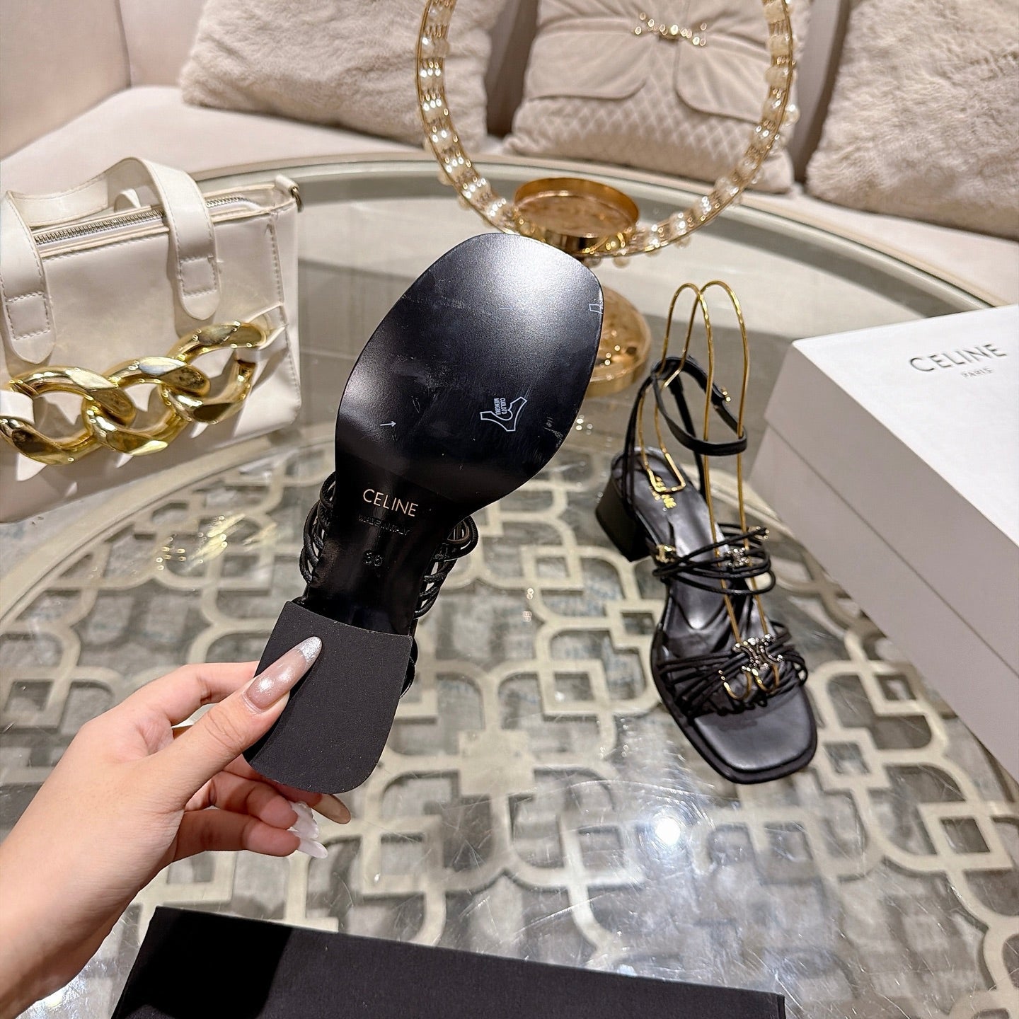 Celine Clémence Heeled Sandal 4cm Black Sheepskin 941494