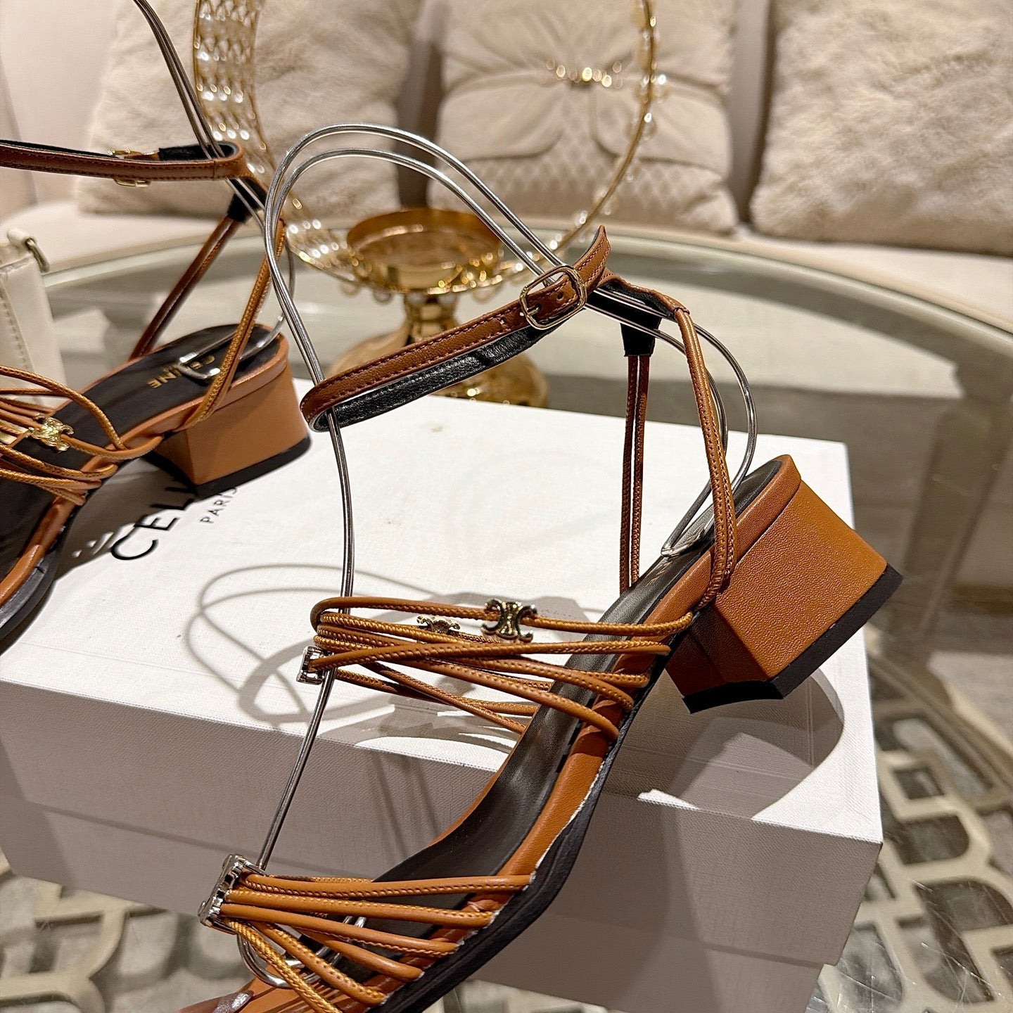 Celine Clémence Heeled Sandal 4cm Brown Sheepskin 941495