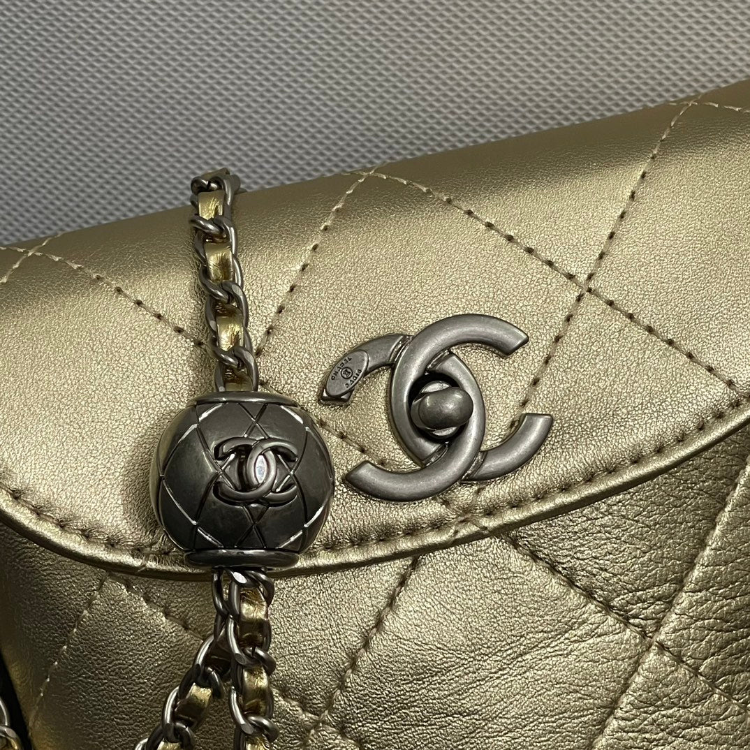 CC Phone Holder Bag 17cm Golden Metalic Leather