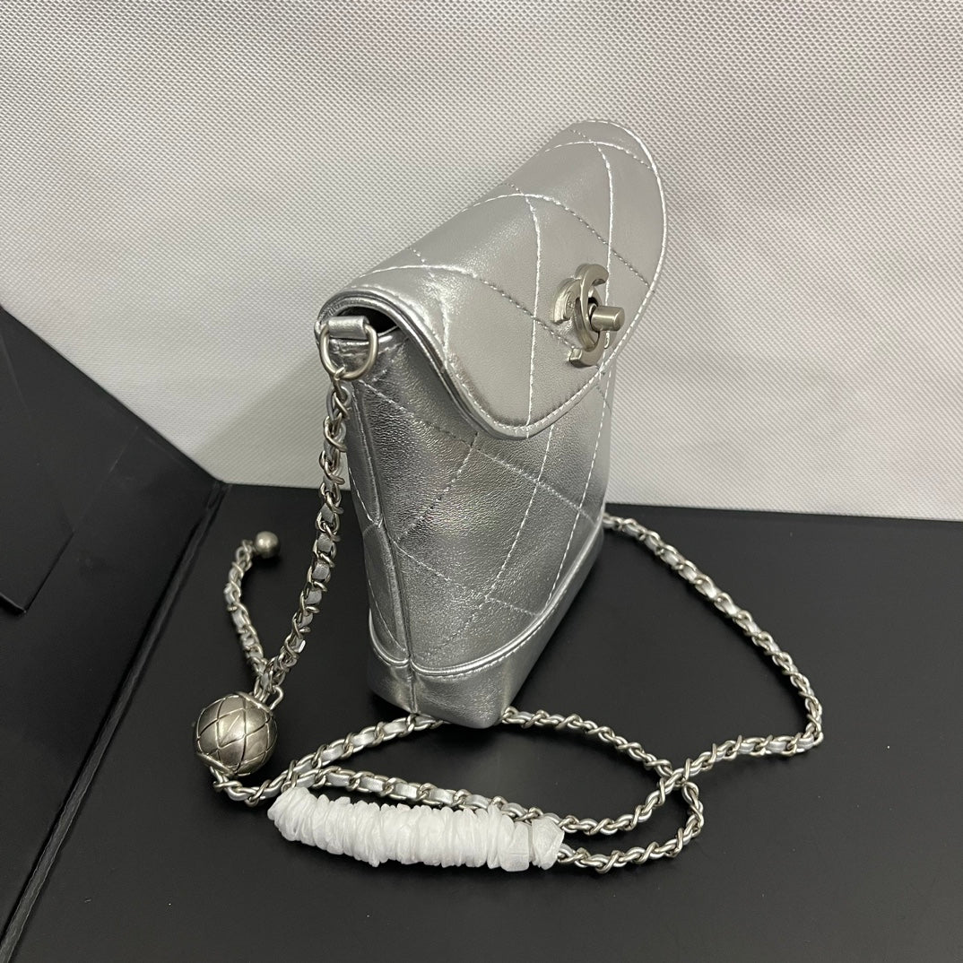 CC Phone Holder Bag 17cm Sliver Metalic Leather