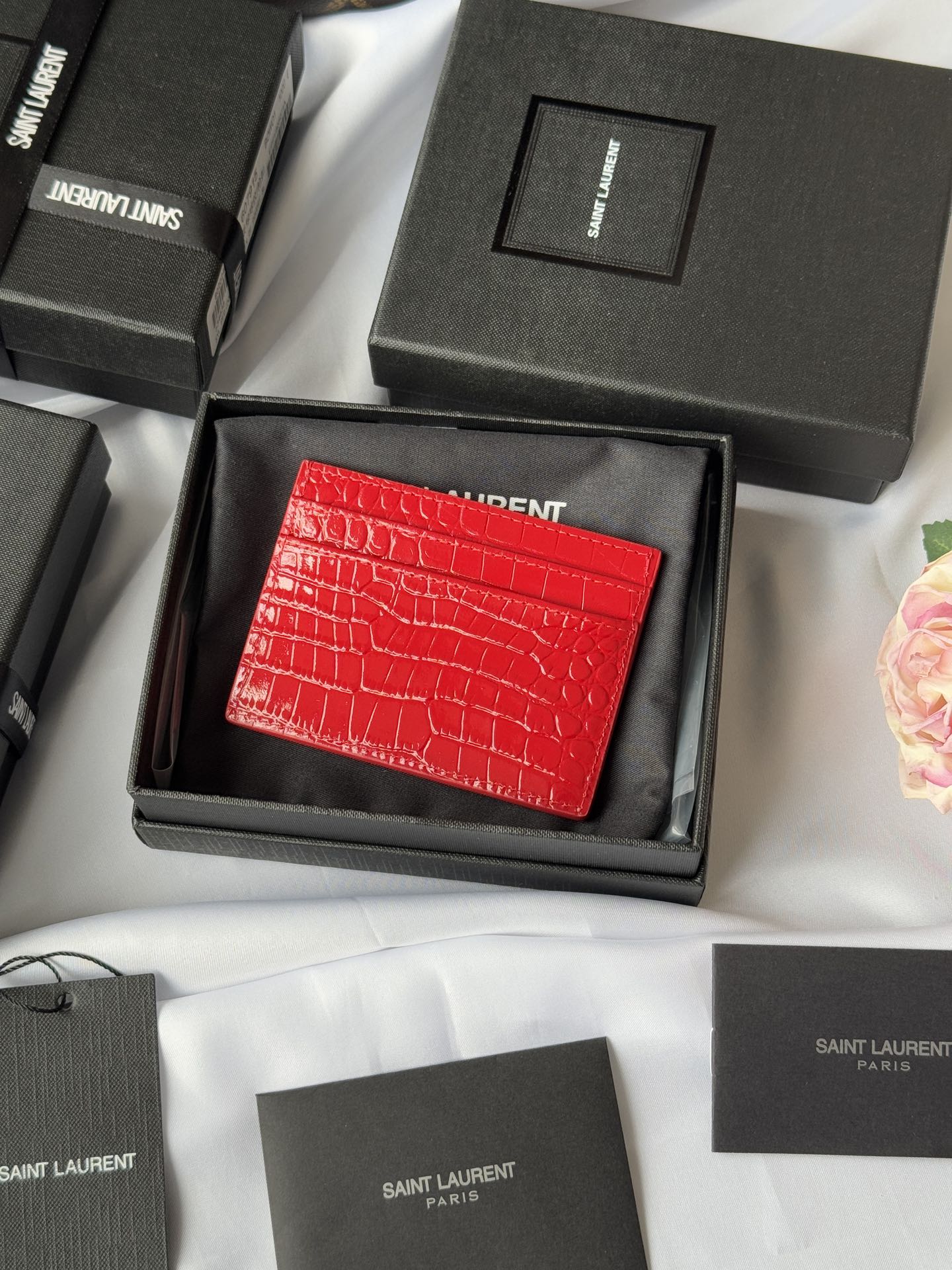 YSL Card Holder 10cm Wallet Red Gold Crocodile Leather 240563