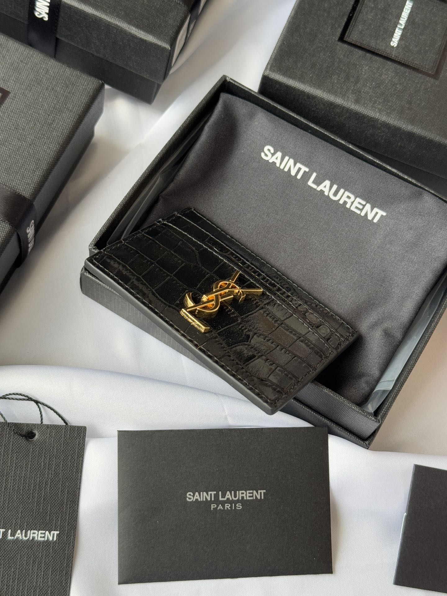 YSL Card Holder 10cm Wallet Black Gold Crocodile Leather 240550