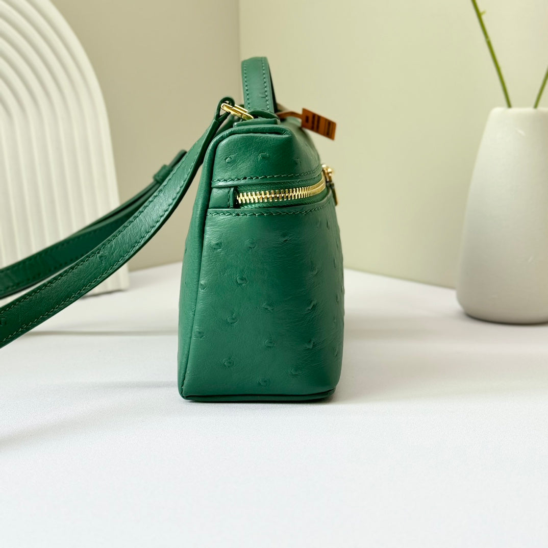 LP Extra Bag 19cm Ostrich Pattern Green Calfskin Gold Hardware