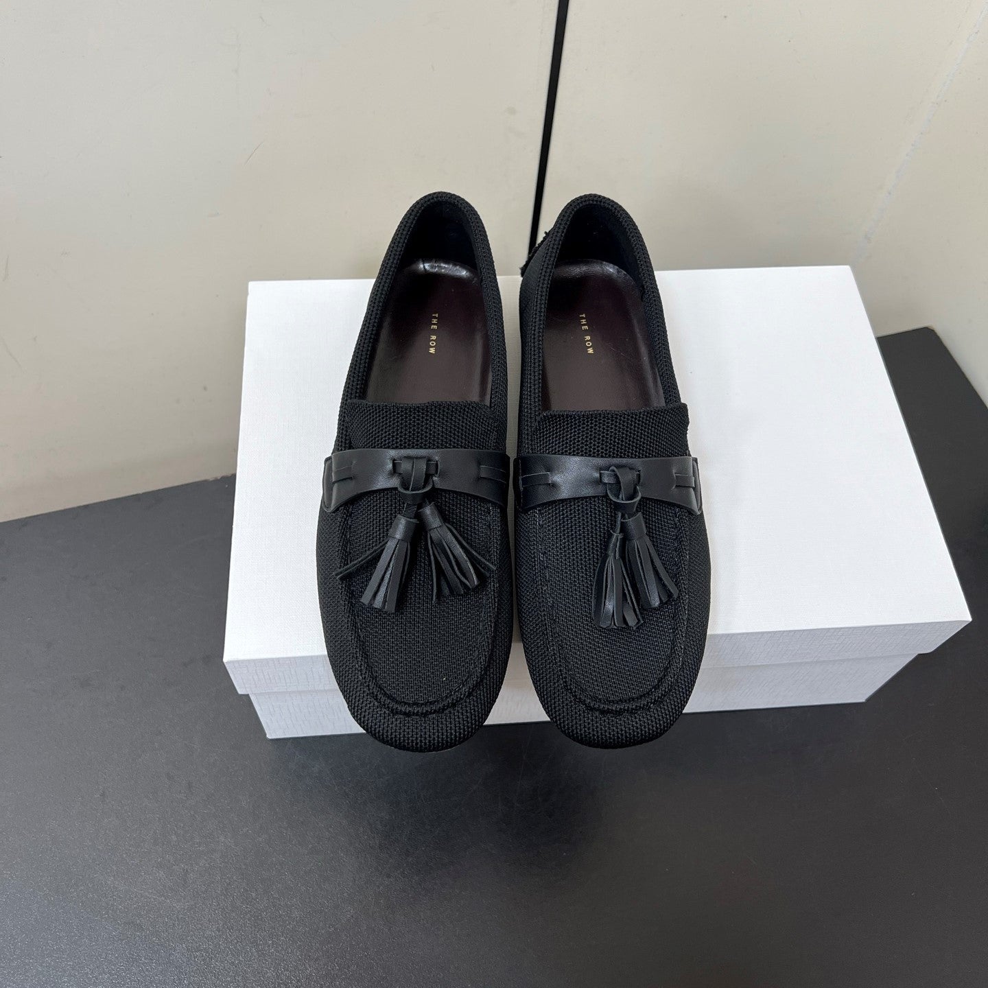The Row Tassel-Knit Loafer Black Canvas And Sheepskin 339996