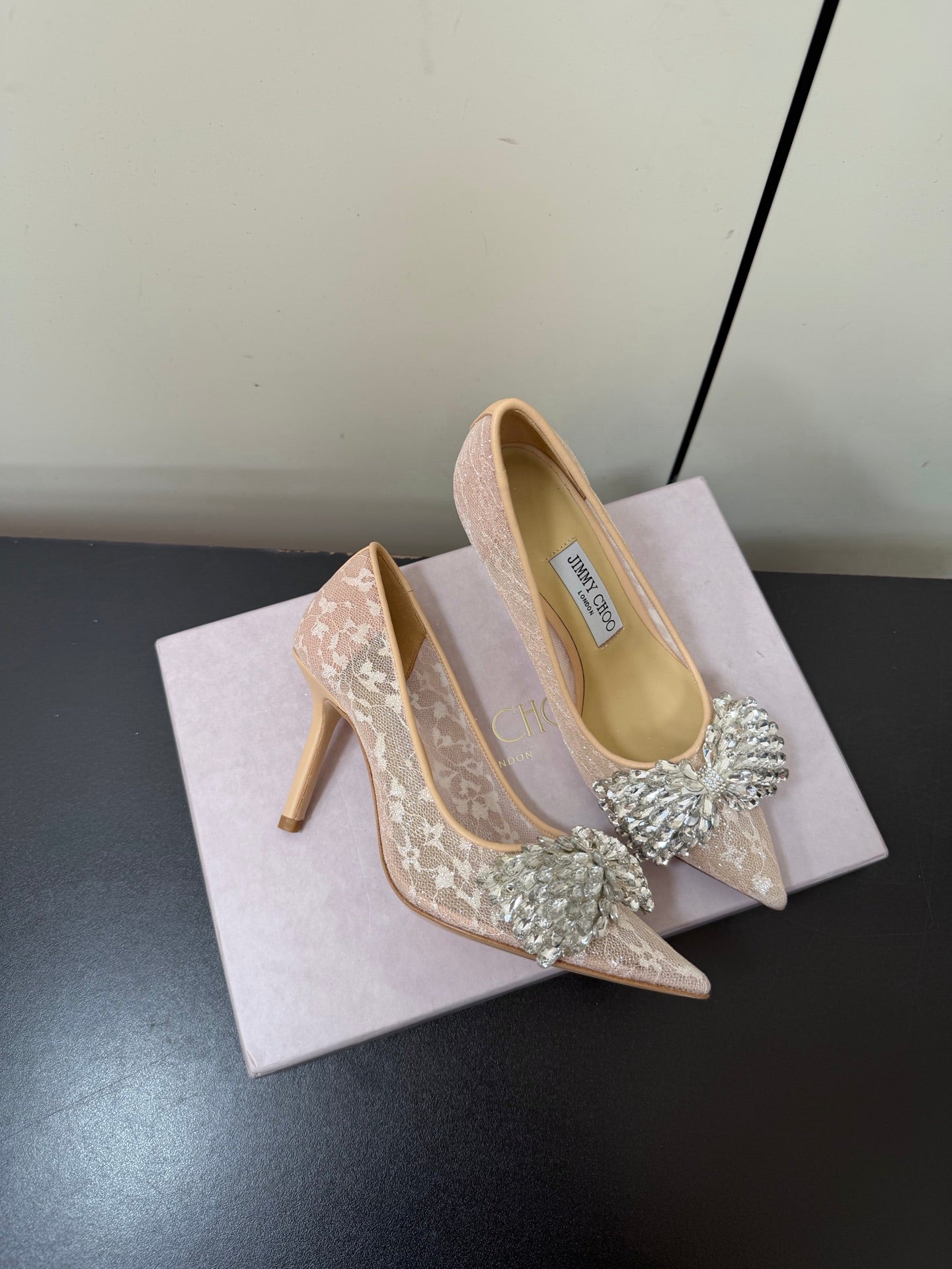 JC Pointed Toe Shoes 8.5cm Rhinestone Bow Single Pink Mesh 618816
