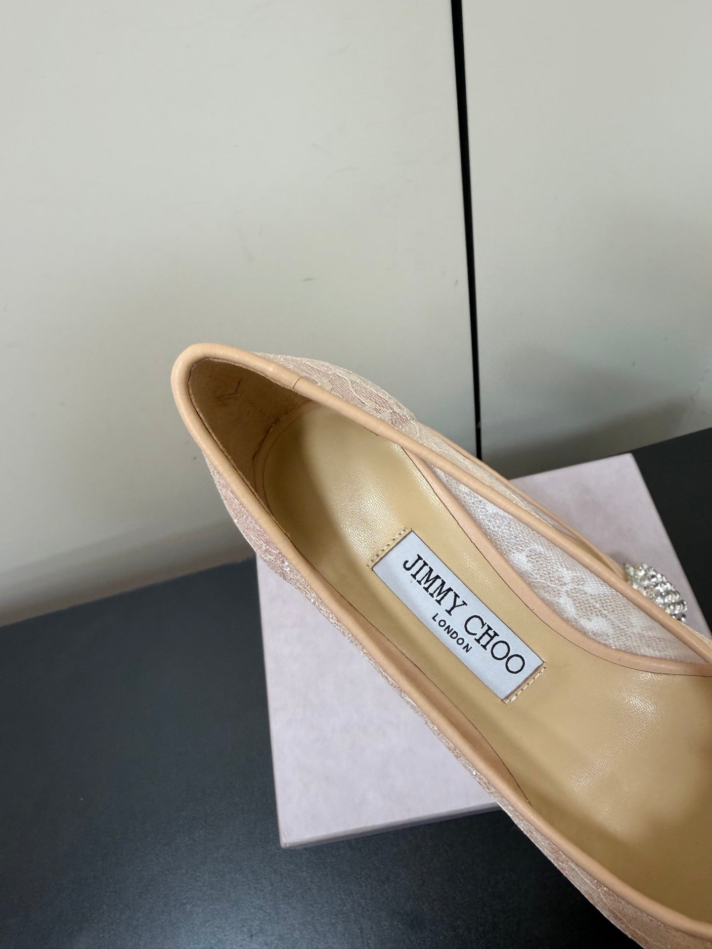 JC Pointed Toe Shoes 6.5cm Rhinestone Bow Single Pink Mesh 618818