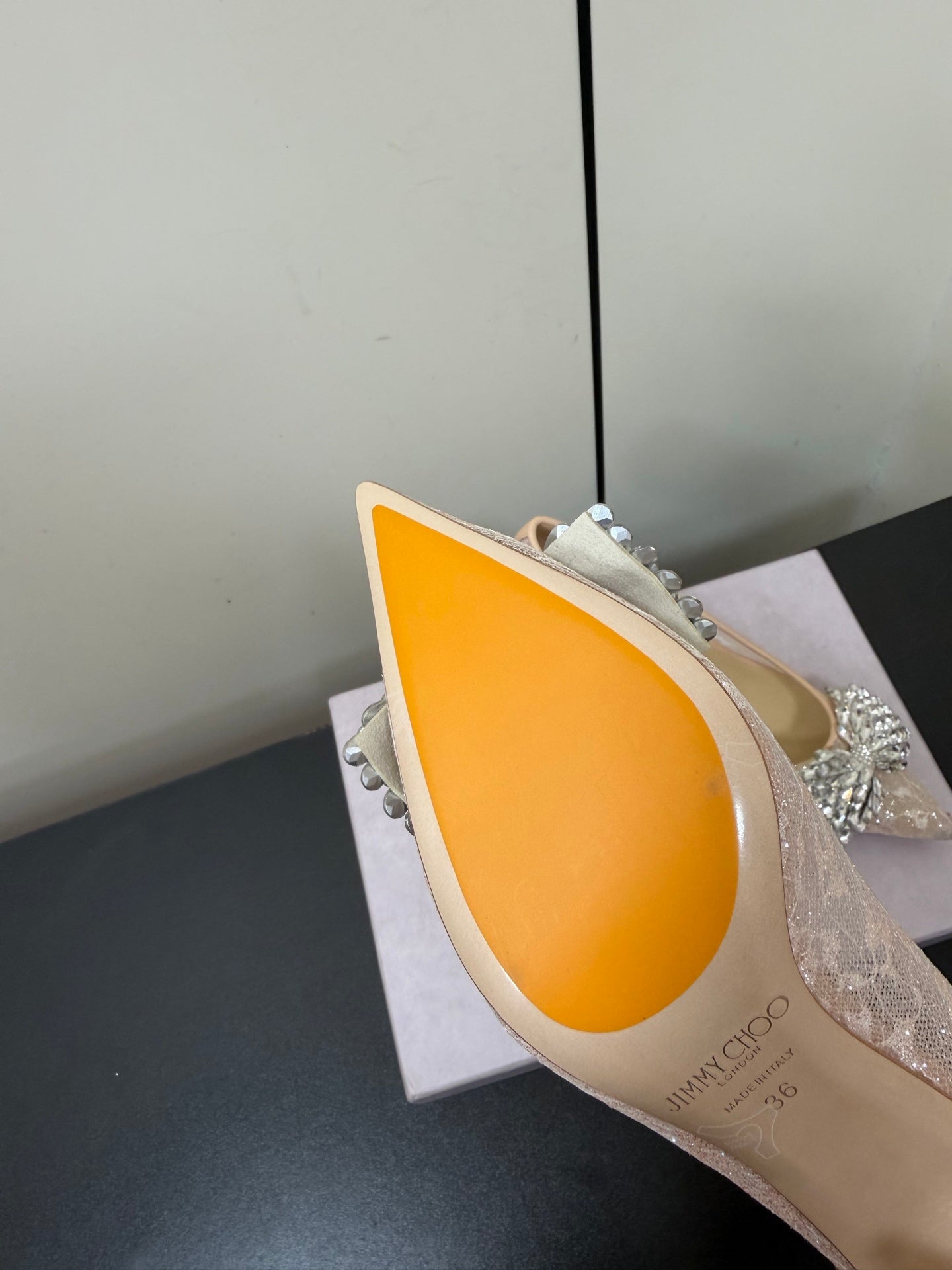 JC Pointed Toe Shoes 6.5cm Rhinestone Bow Single Pink Mesh 618818